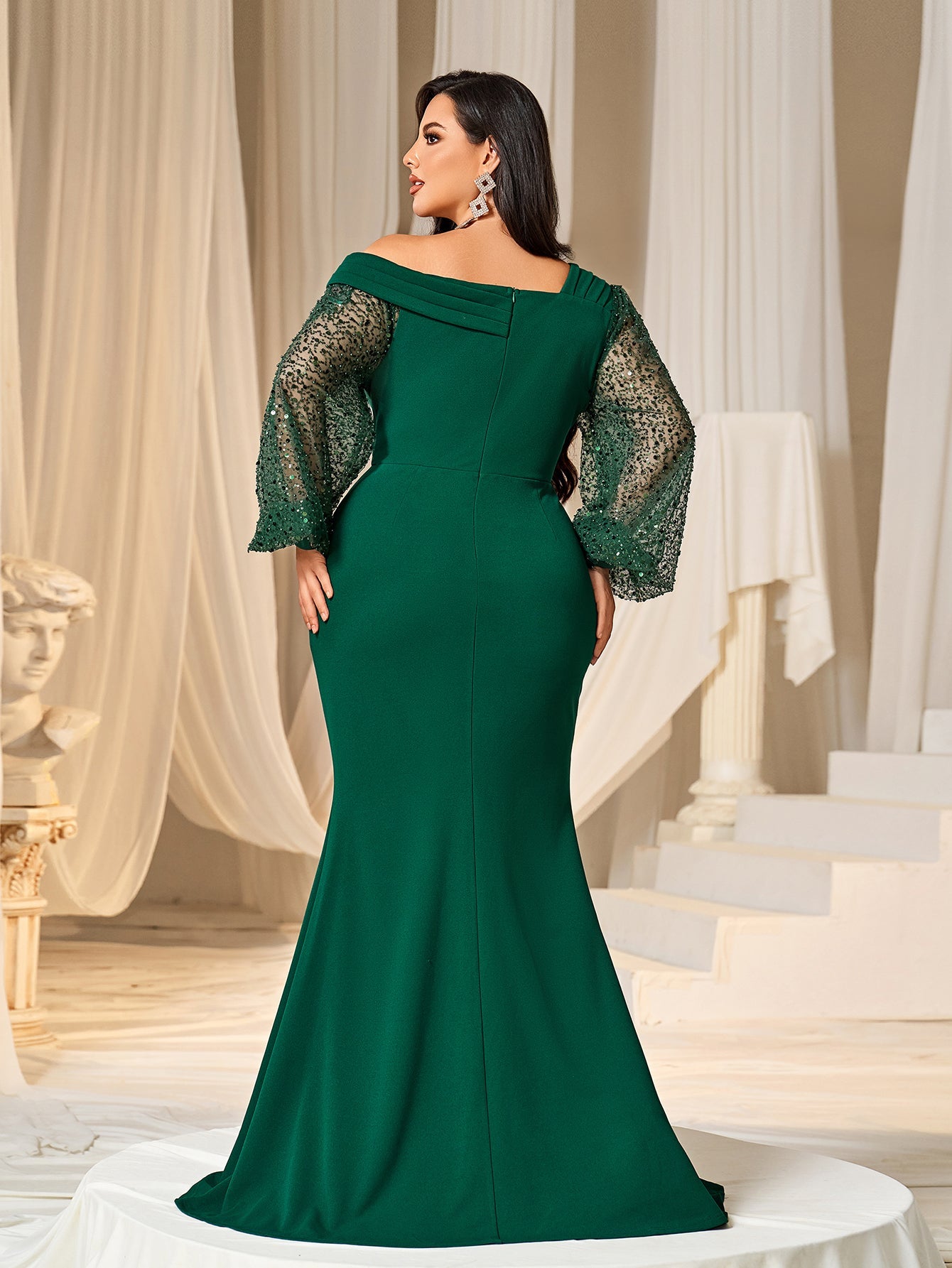 Plus Asymmetrical Neck Lantern Sleeves Formal Mermaid Dress Dark Green / 1XL Plus Asymmetrical Neck Lantern Sleeves Formal Mermaid Dress Dark Green / 1XL