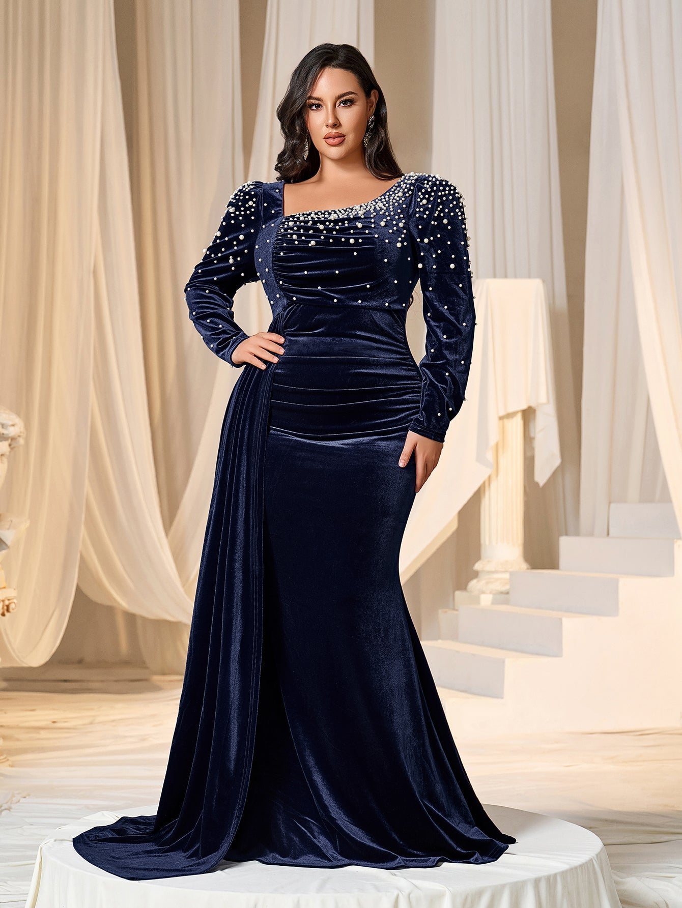 Plus Elegant Pearl Embellished Diagonal Neck Mermaid Hem Velvet Evening Dress