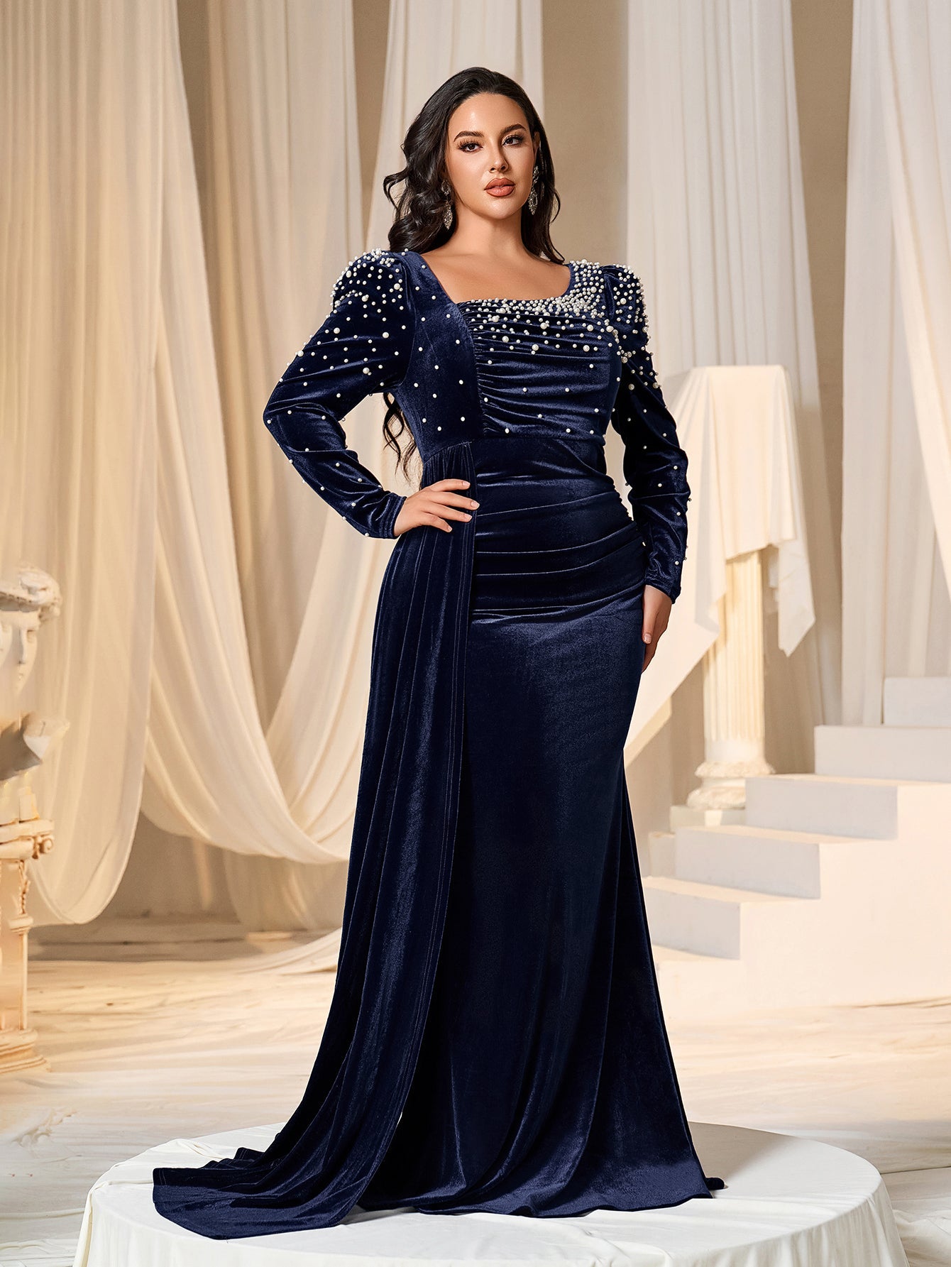 Plus Elegant Pearl Embellished Diagonal Neck Mermaid Hem Velvet Evening Dress