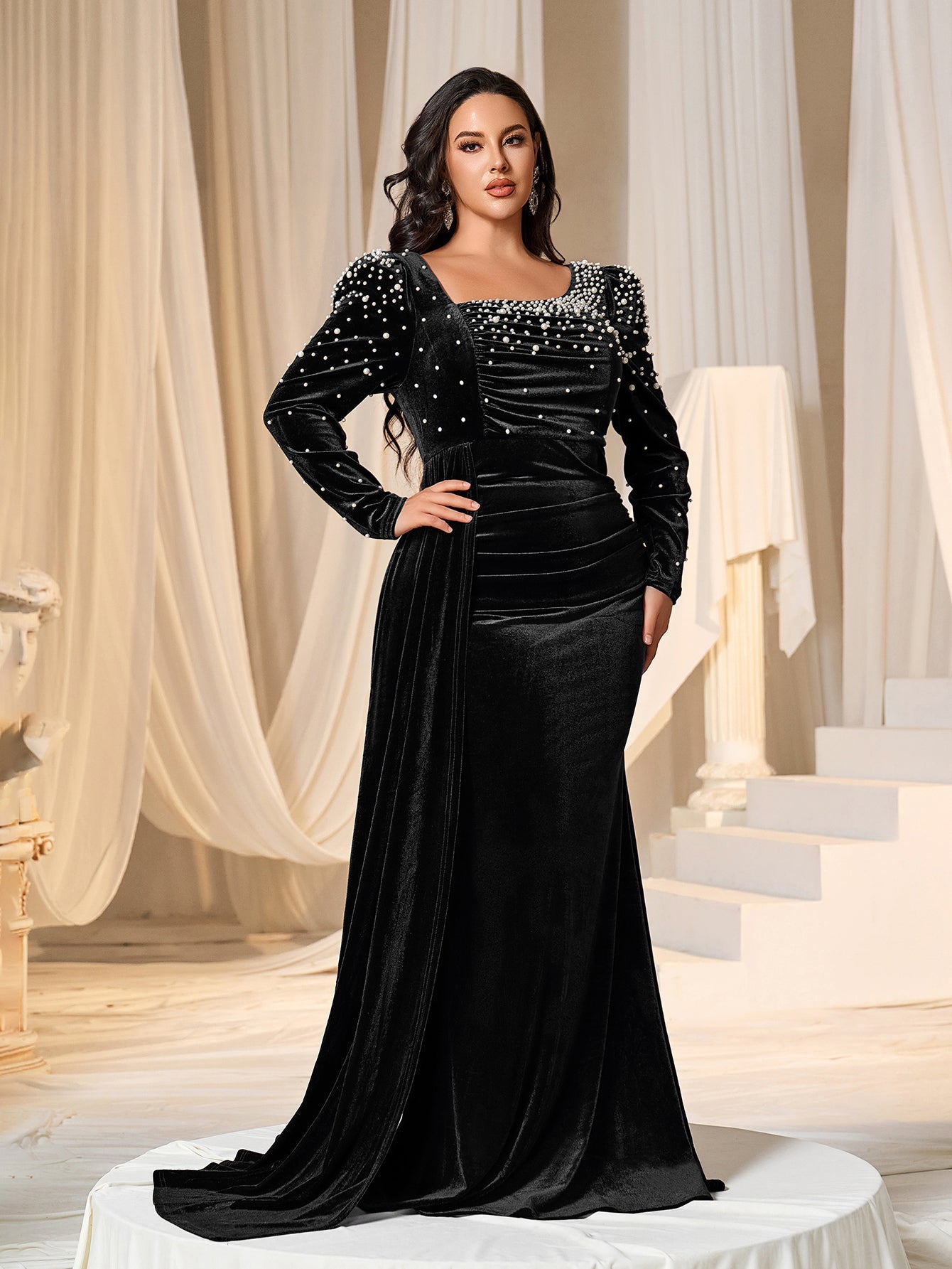 Plus Elegant Pearl Embellished Diagonal Neck Mermaid Hem Velvet Evening Dress