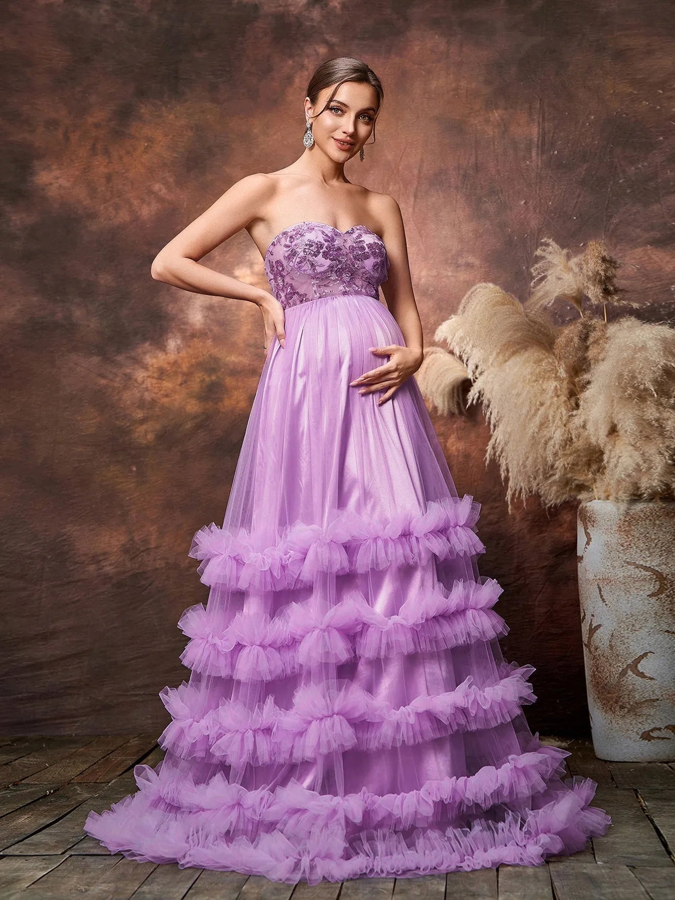 Maternity Strapless Sequin Bodice Contrast Cascading Ruffle Tulle Hem Purple / M Maternity Strapless Sequin Bodice Contrast Cascading Ruffle Tulle Hem Purple / M