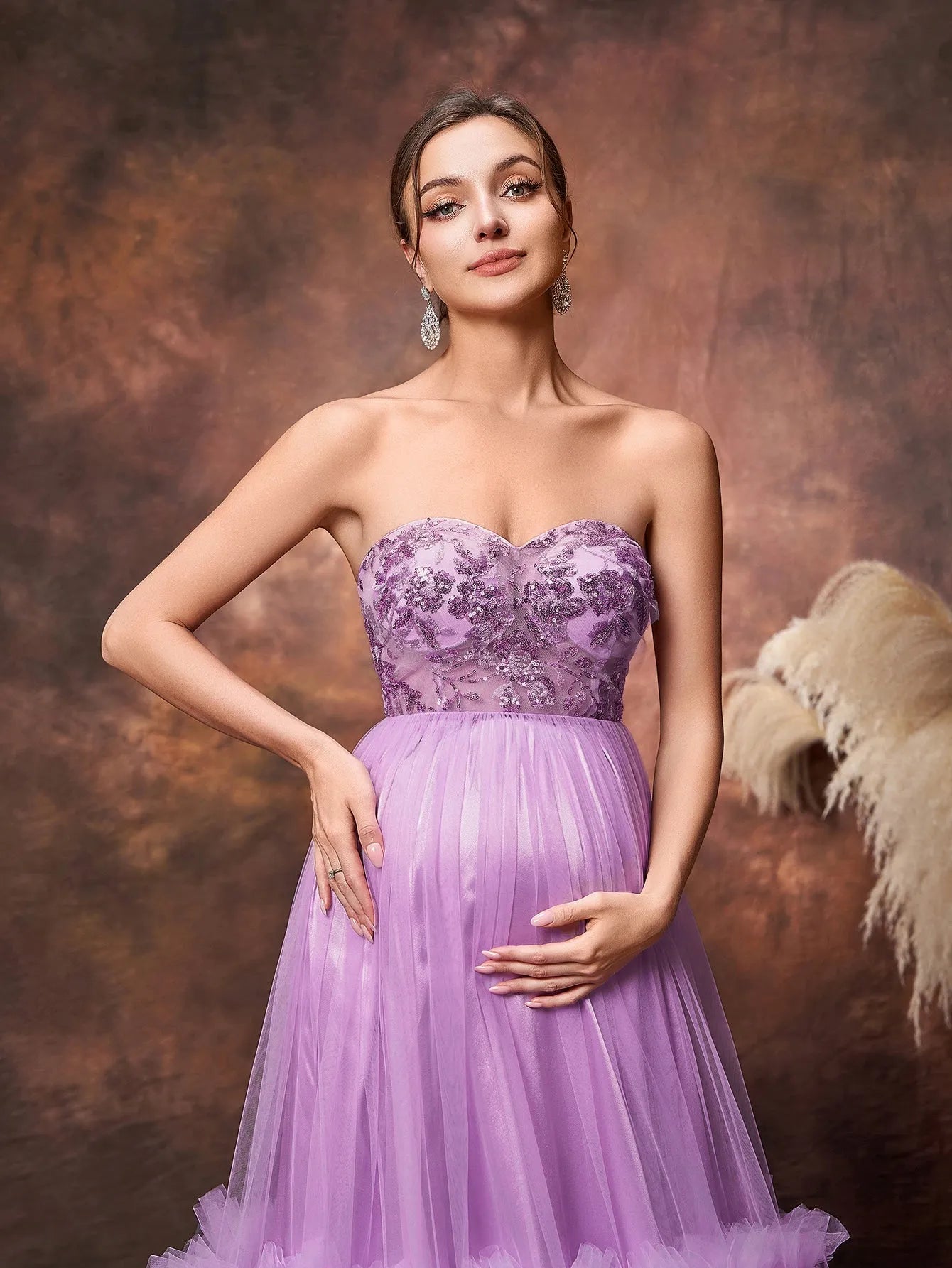 purple sequin maternity dress Maternity Ruched Bust Lantern Sleeve Sequin Party Dress Elonnashop