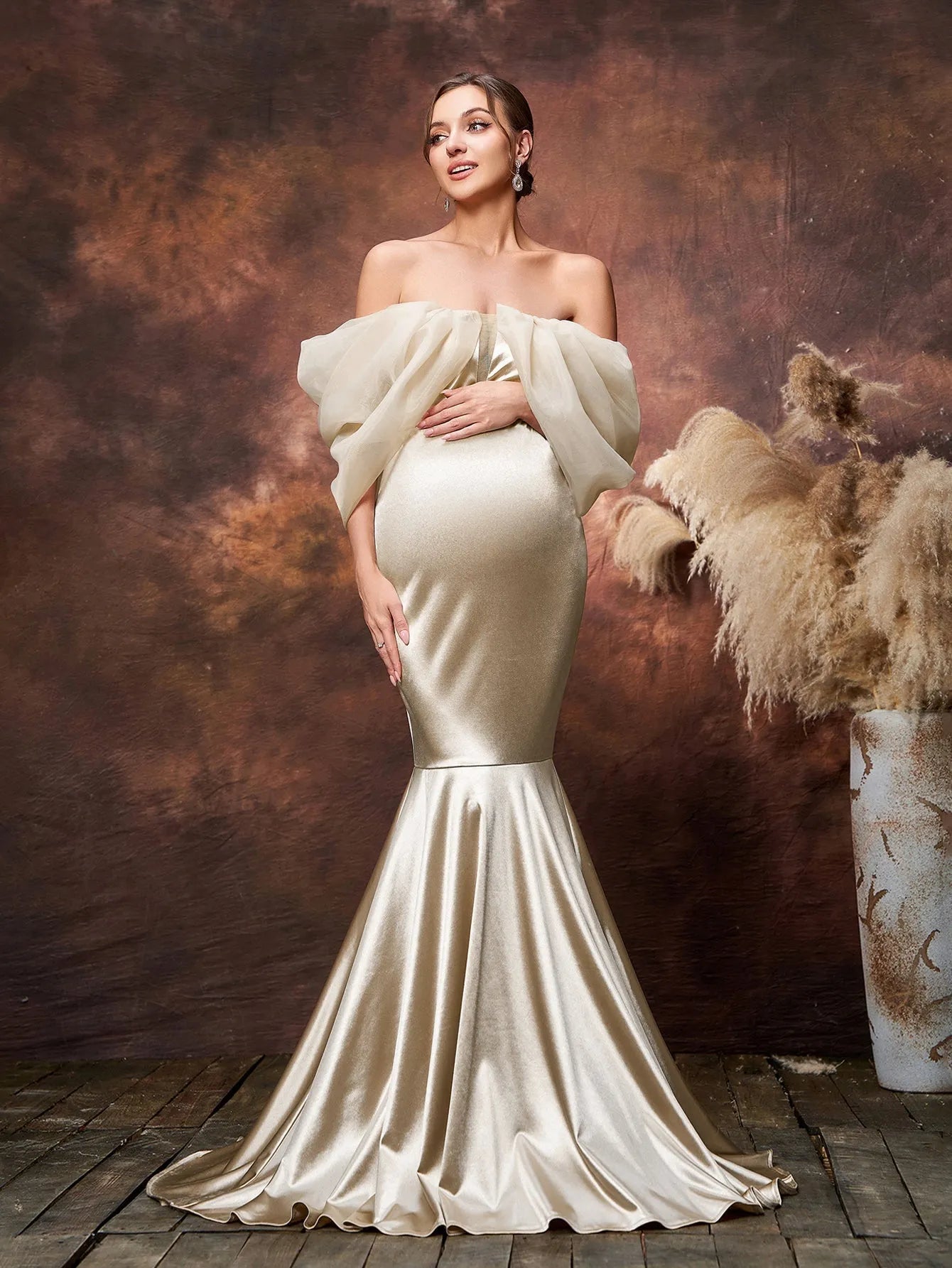 cream satin maternity dress Cream Satin Smocked Pleated Maternity Midi Dress