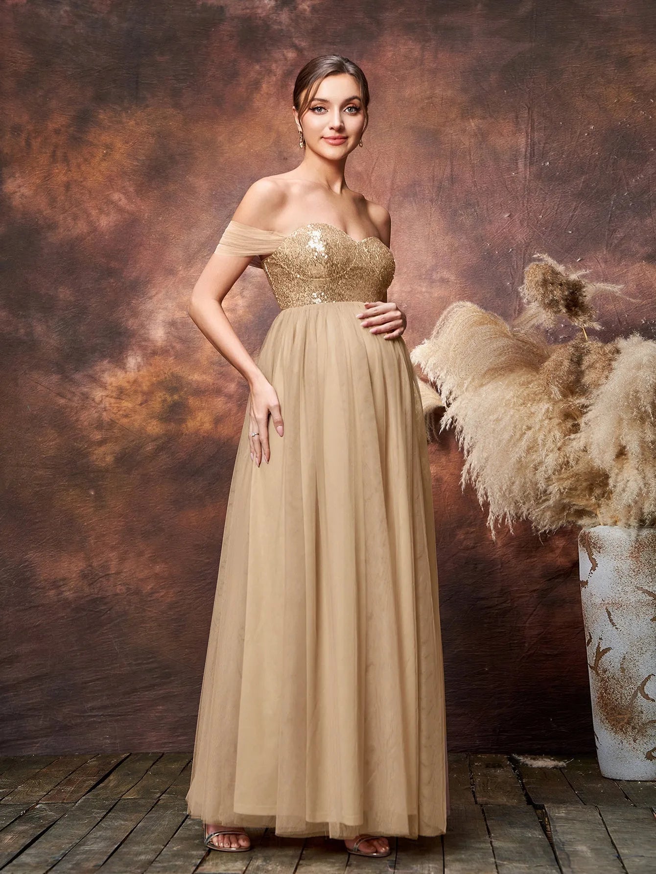 slim fit dress slacks Maternity Off Shoulder Sequin Bodice Contrast Mesh Hem Formal Dress Champagne / XXL slim fit dress slacks Maternity Off Shoulder Sequin Bodice Contrast Mesh Hem Formal Dress Champagne / XXL