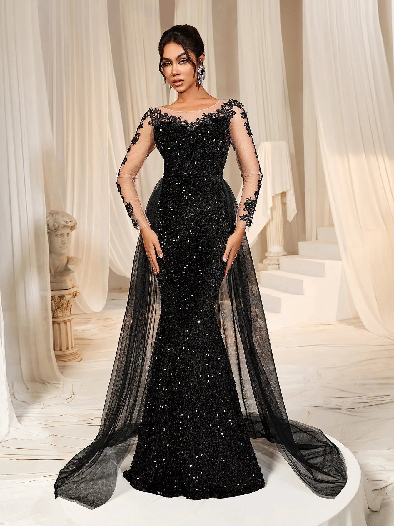 sequin dress with sheer sleeves GLS by Gloria GL3575 - Long Mesh Sheath Dress