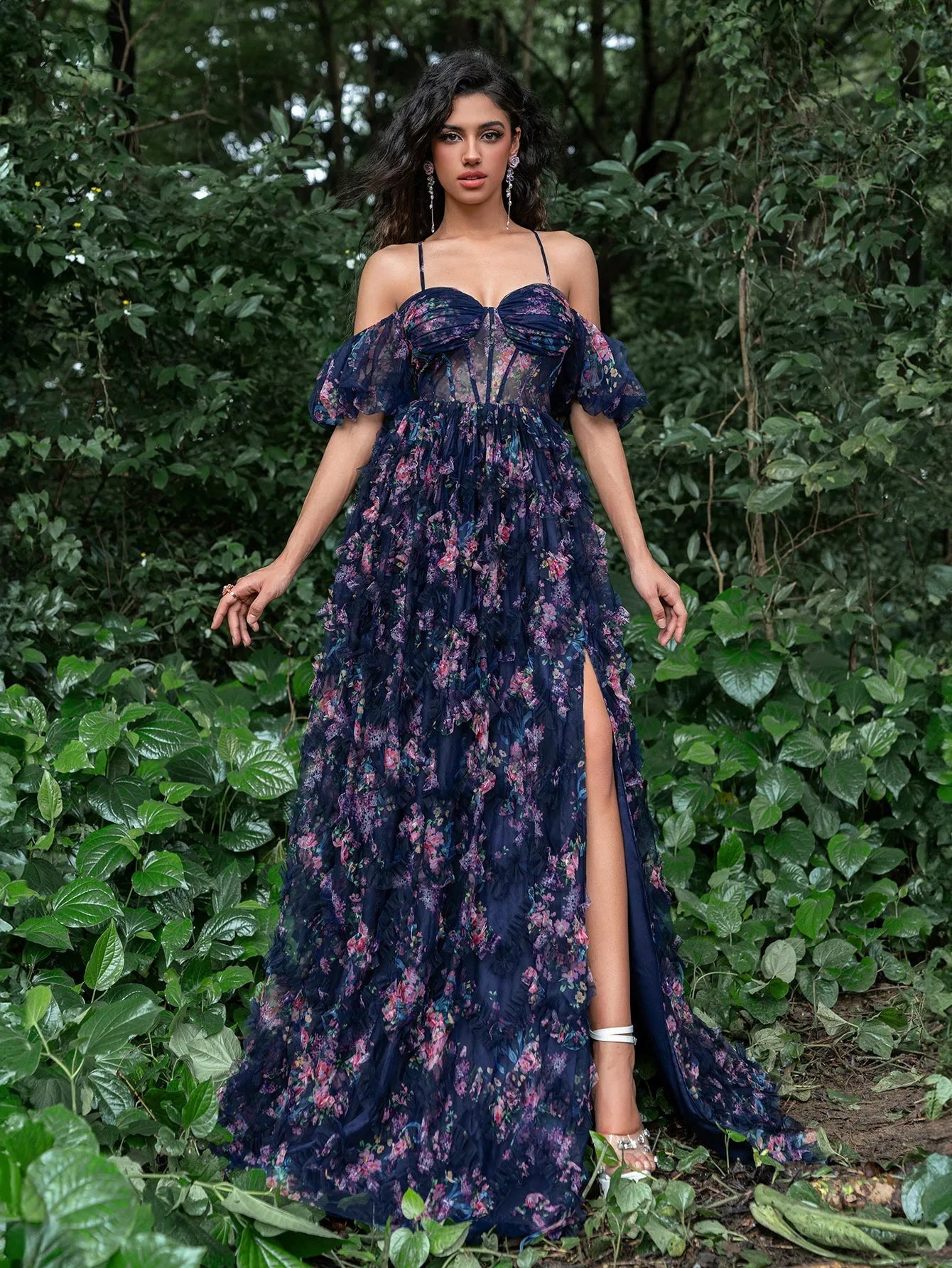 Floral Tulle Off Shoulder Cascading Ruffle Hem Slip Prom Dress, Navy Blue / XL