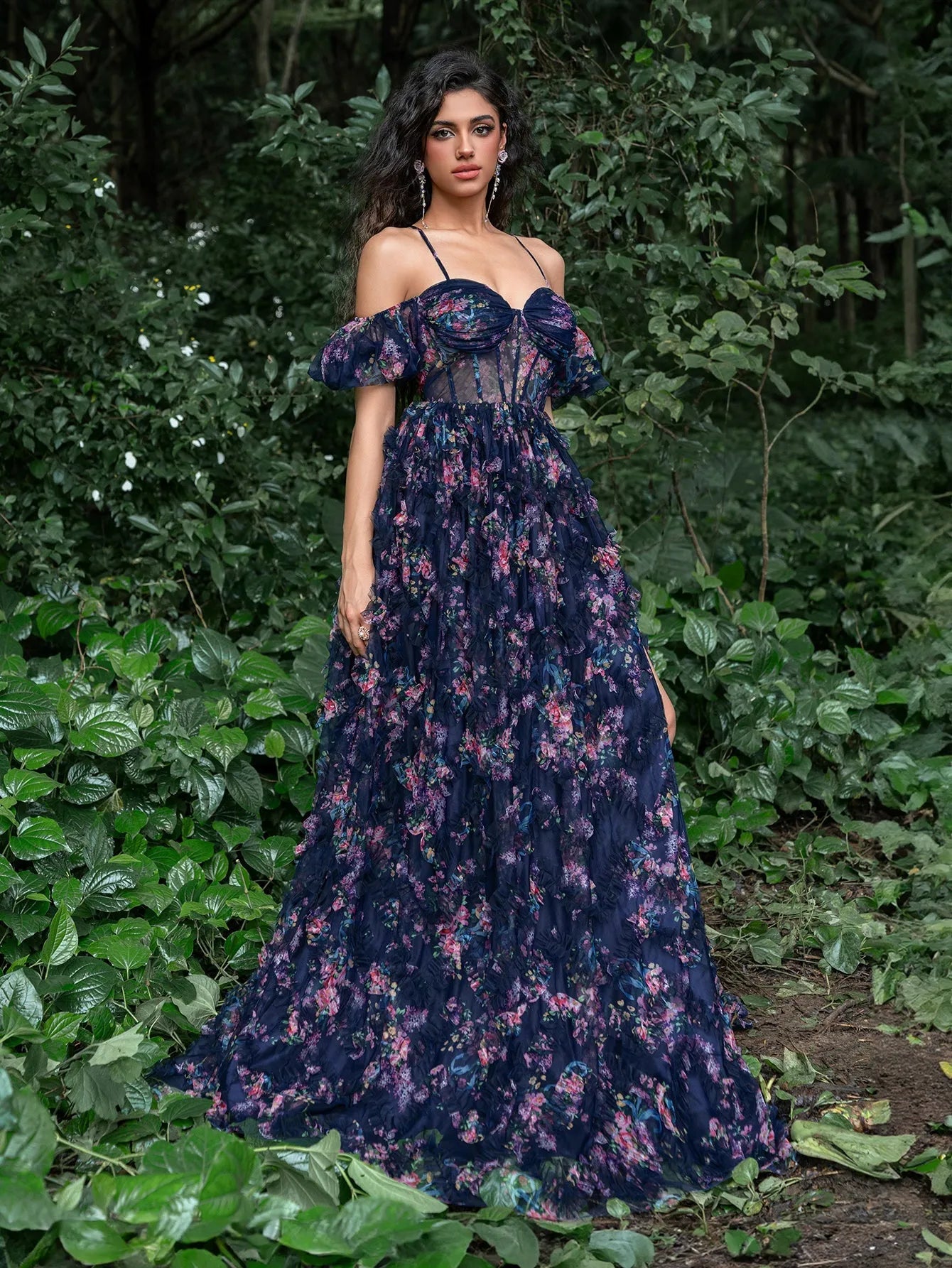 Floral Tulle Off Shoulder Cascading Ruffle Hem Slip Prom Dress Green / M