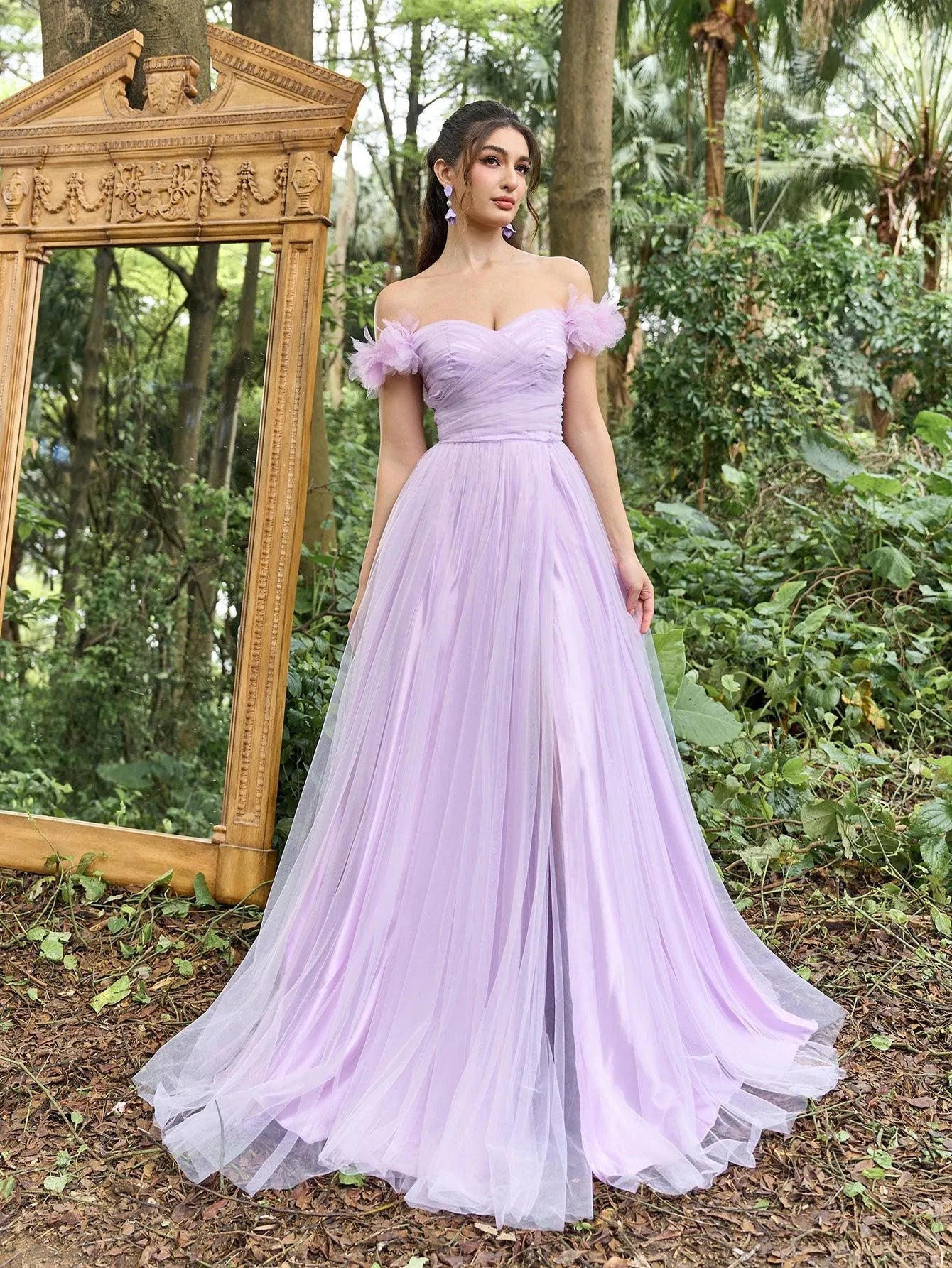 Elegant Off Shoulder Ruched Bust Split Thigh Tulle Prom Dress Faeriesty Elegant Off Shoulder Ruched Bust Split Thigh Tulle Prom Dress Faeriesty