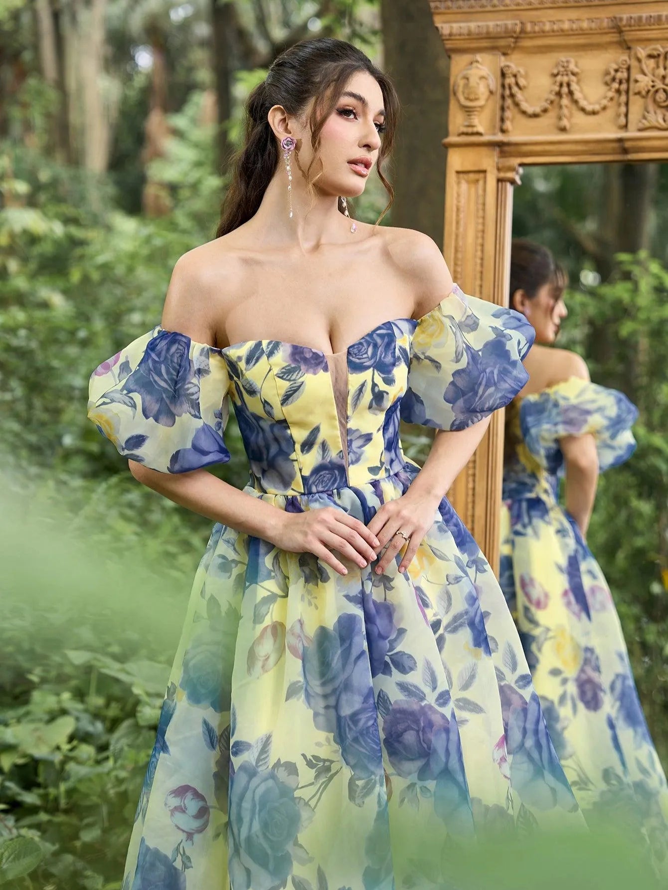 open lace back dress Off-the-Shoulder Floral Maxi Organza Dress HAREM's Brides open lace back dress Off-the-Shoulder Floral Maxi Organza Dress HAREM's Brides