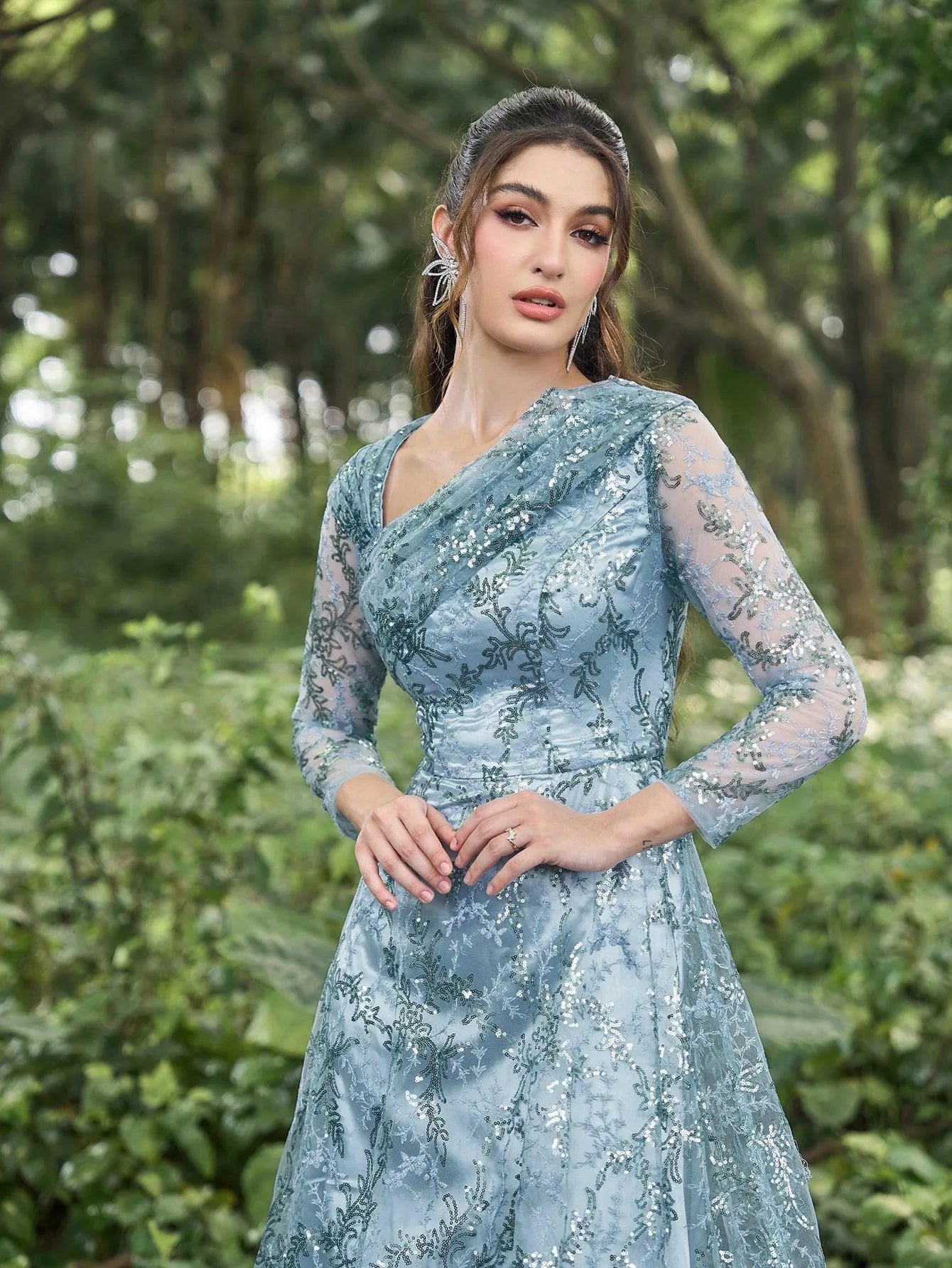 Gorgeous Diagonal Neckline 3/4 Sleeves Beaded Sequin Formal Dress Light Blue / S Gorgeous Diagonal Neckline 3/4 Sleeves Beaded Sequin Formal Dress Light Blue / S