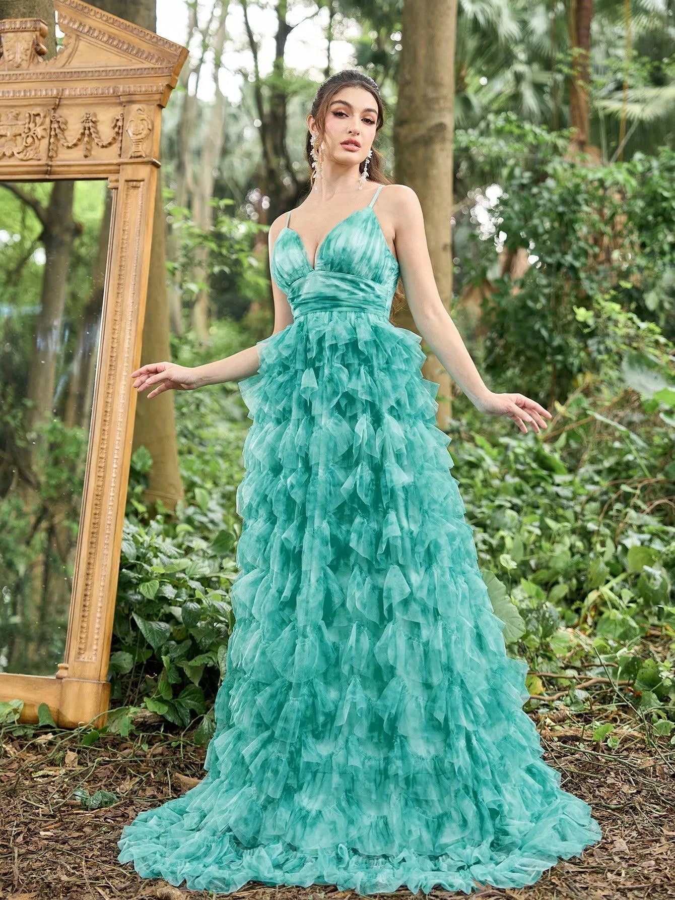Elegant Plunging Neck Ruffle Layered Hem Floral Tulle Slip Prom Dress Green / M Elegant Plunging Neck Ruffle Layered Hem Floral Tulle Slip Prom Dress Green / M