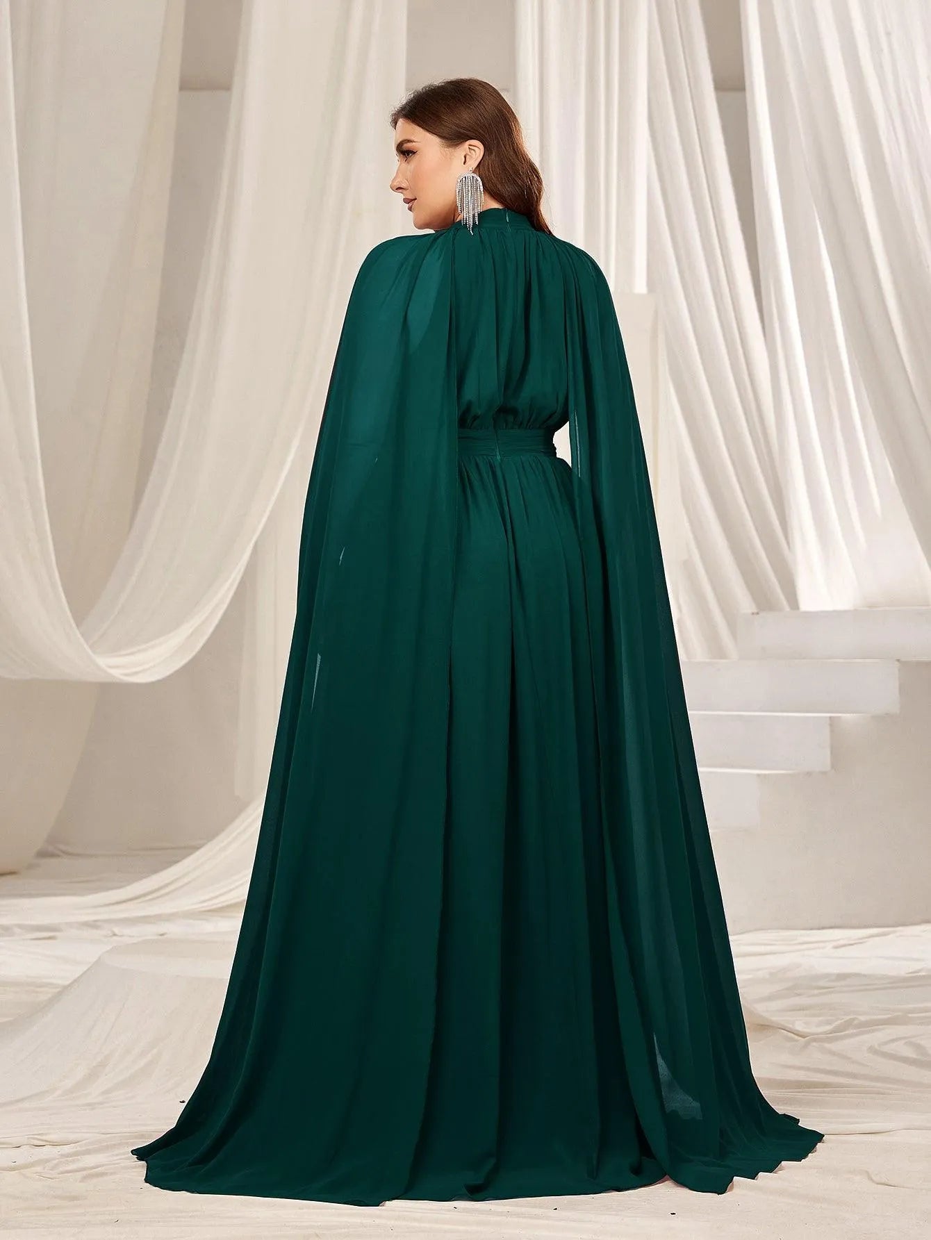 Plus Mock Neck Cloak Sleeves Chiffon Formal Cape Dress Burgundy / 3XL Plus Mock Neck Cloak Sleeves Chiffon Formal Cape Dress Burgundy / 3XL
