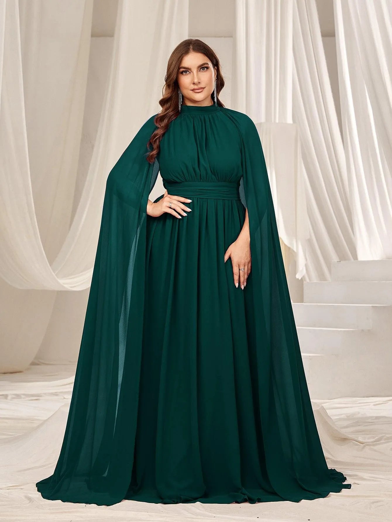 Plus Mock Neck Cloak Sleeves Chiffon Formal Cape Dress Burgundy / 3XL Plus Mock Neck Cloak Sleeves Chiffon Formal Cape Dress Burgundy / 3XL