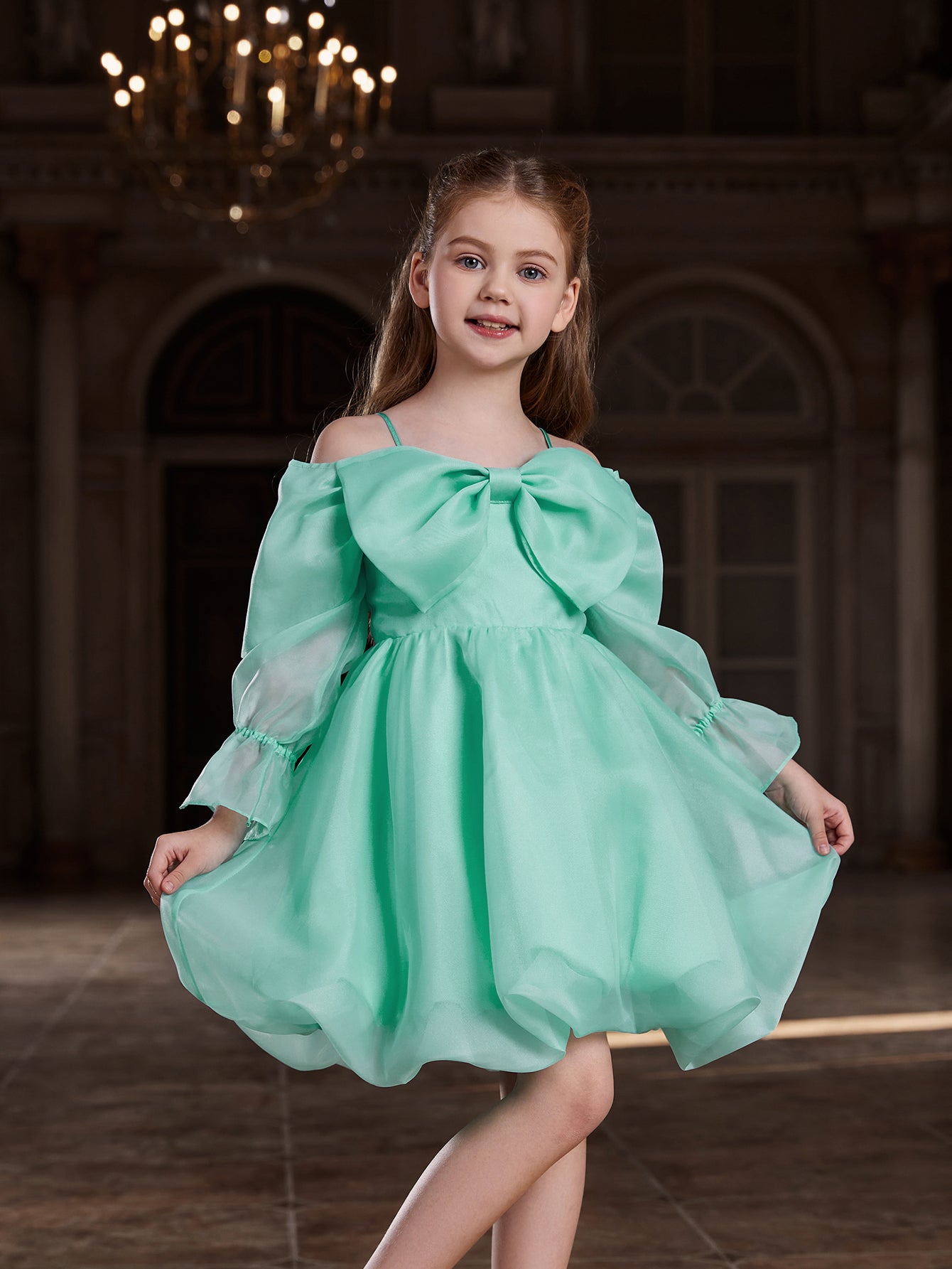 Girl's Off Shoulder Bow Front Puff Dress Pink / 10Y Girl's Off Shoulder Bow Front Puff Dress Pink / 10Y