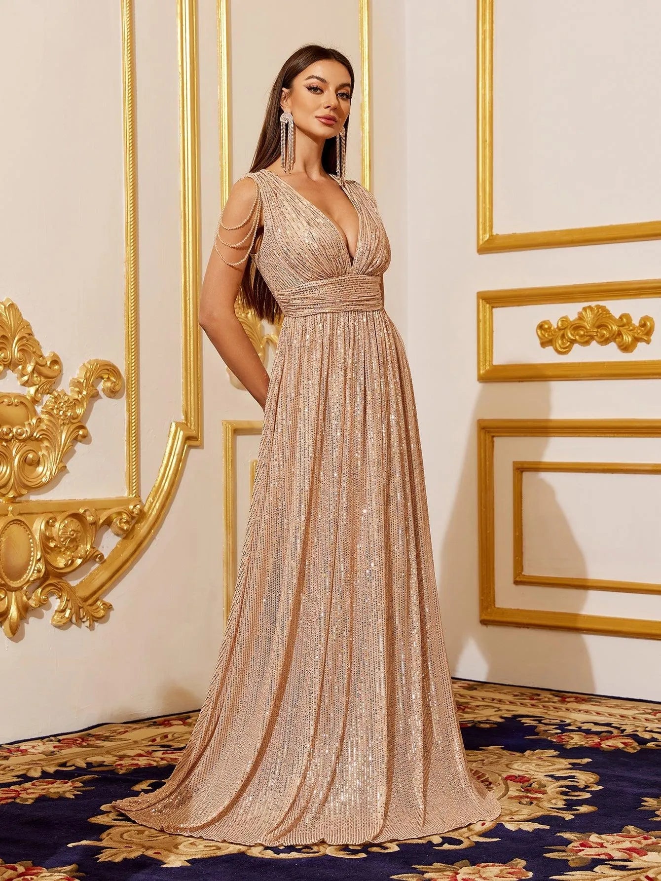 Chain Detail Plunging Neck Sequin A Line Dress Dark Green / M Chain Detail Plunging Neck Sequin A Line Dress Dark Green / M