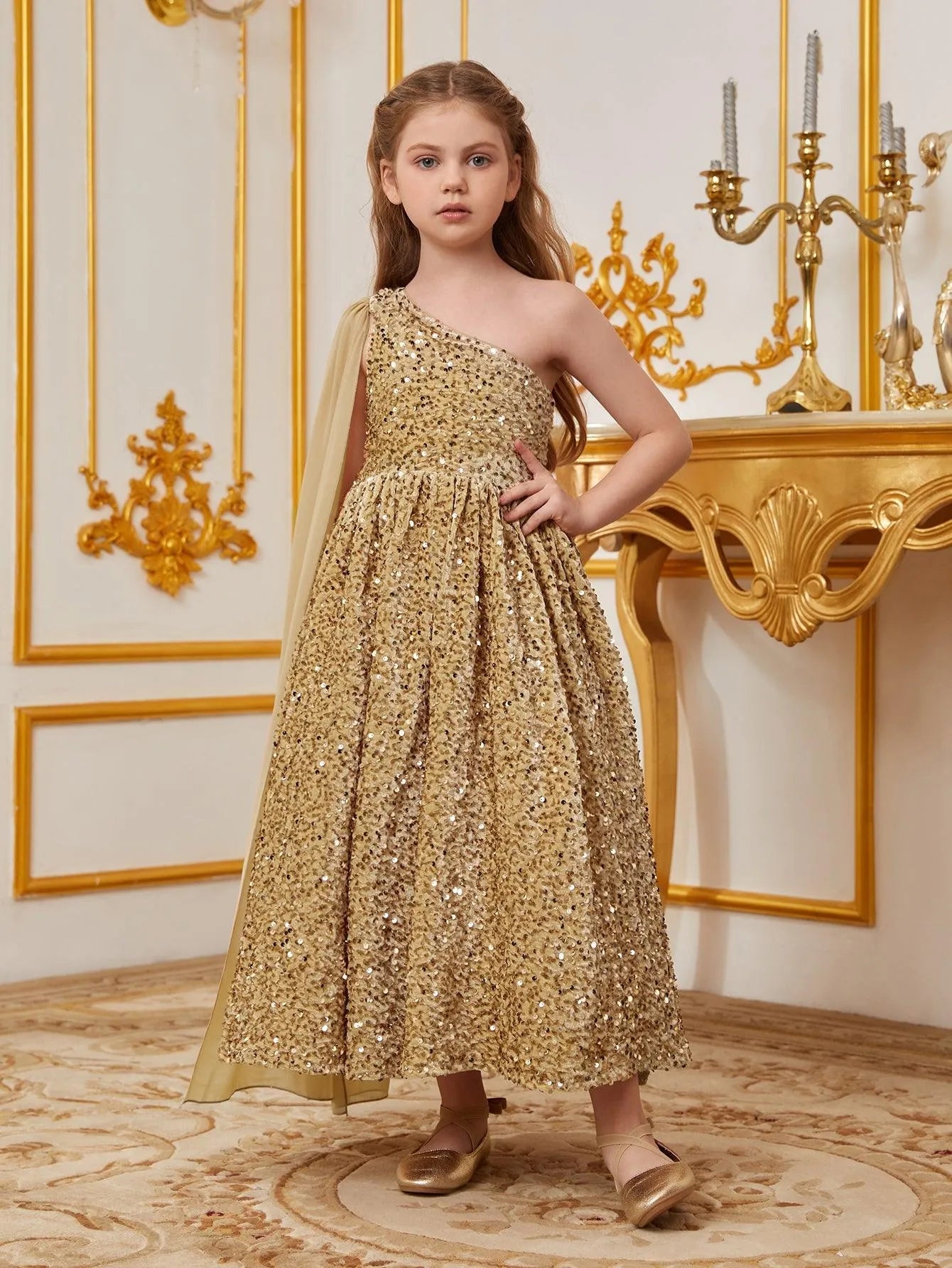 Tween Girls' One Shoulder Draped Side Sequin A-line Dress Champagne / 8Y