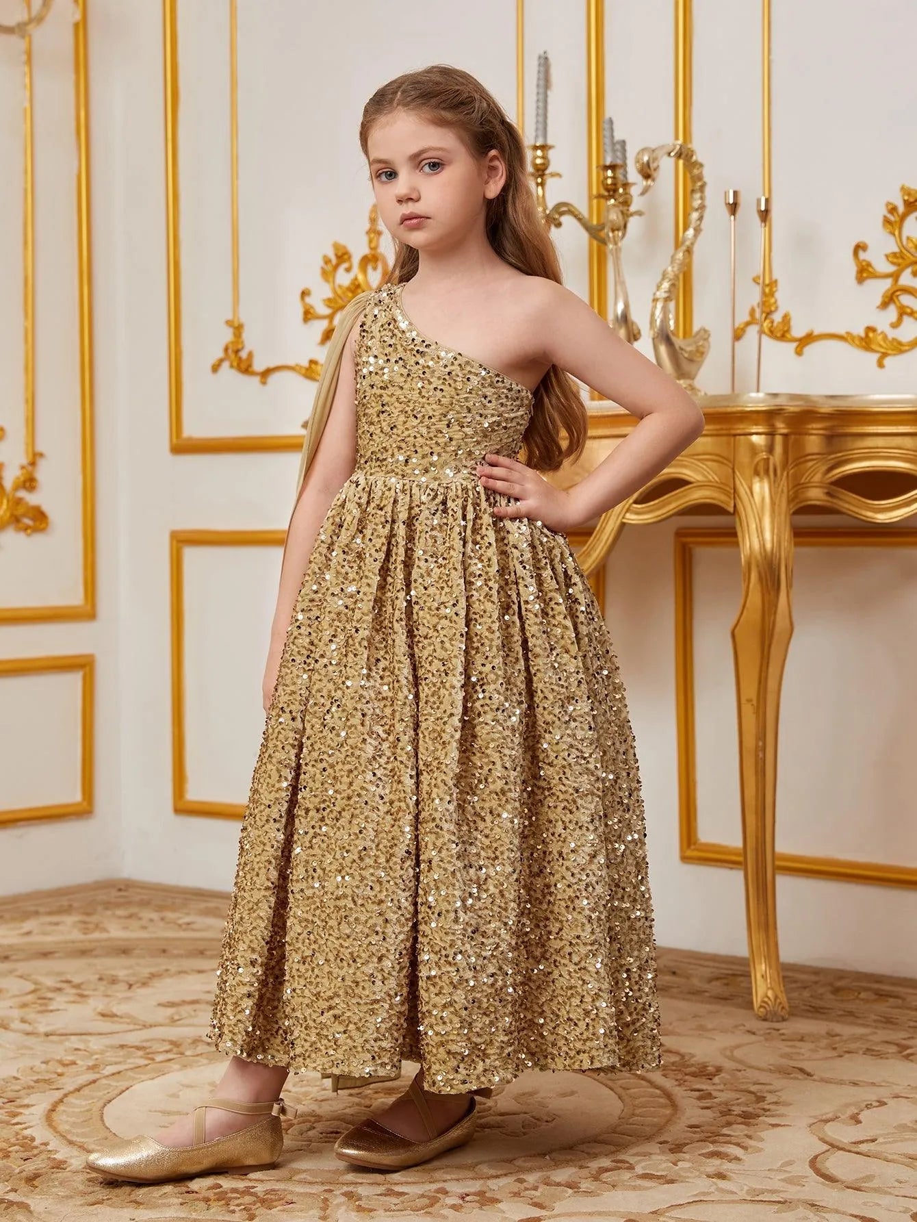 Tween Girls' One Shoulder Draped Side Sequin A-line Dress Dark Green / 9Y Tween Girls' One Shoulder Draped Side Sequin A-line Dress Dark Green / 9Y