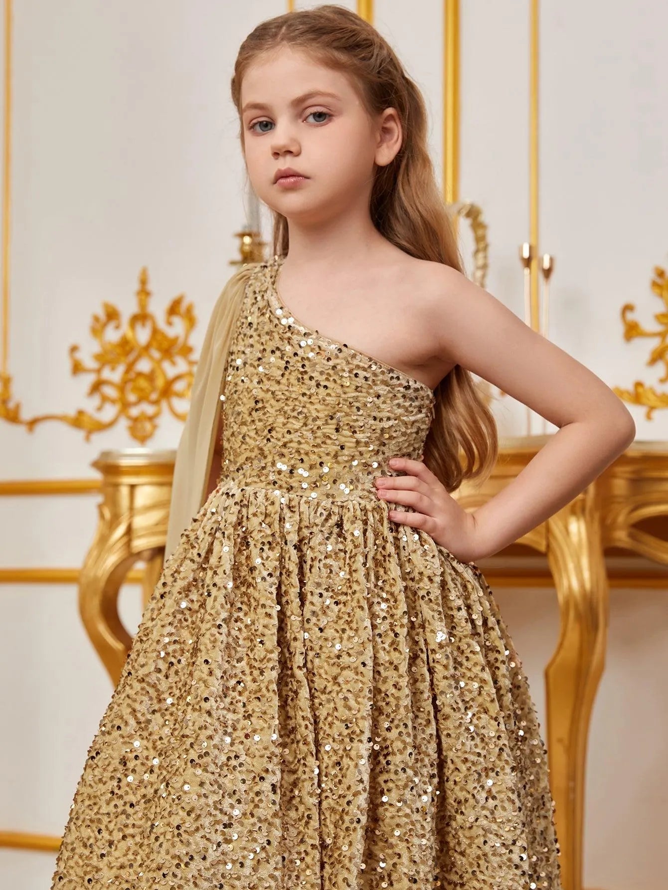 Tween Girls' One Shoulder Draped Side Sequin A-line Dress Dark Green / 9Y Tween Girls' One Shoulder Draped Side Sequin A-line Dress Dark Green / 9Y