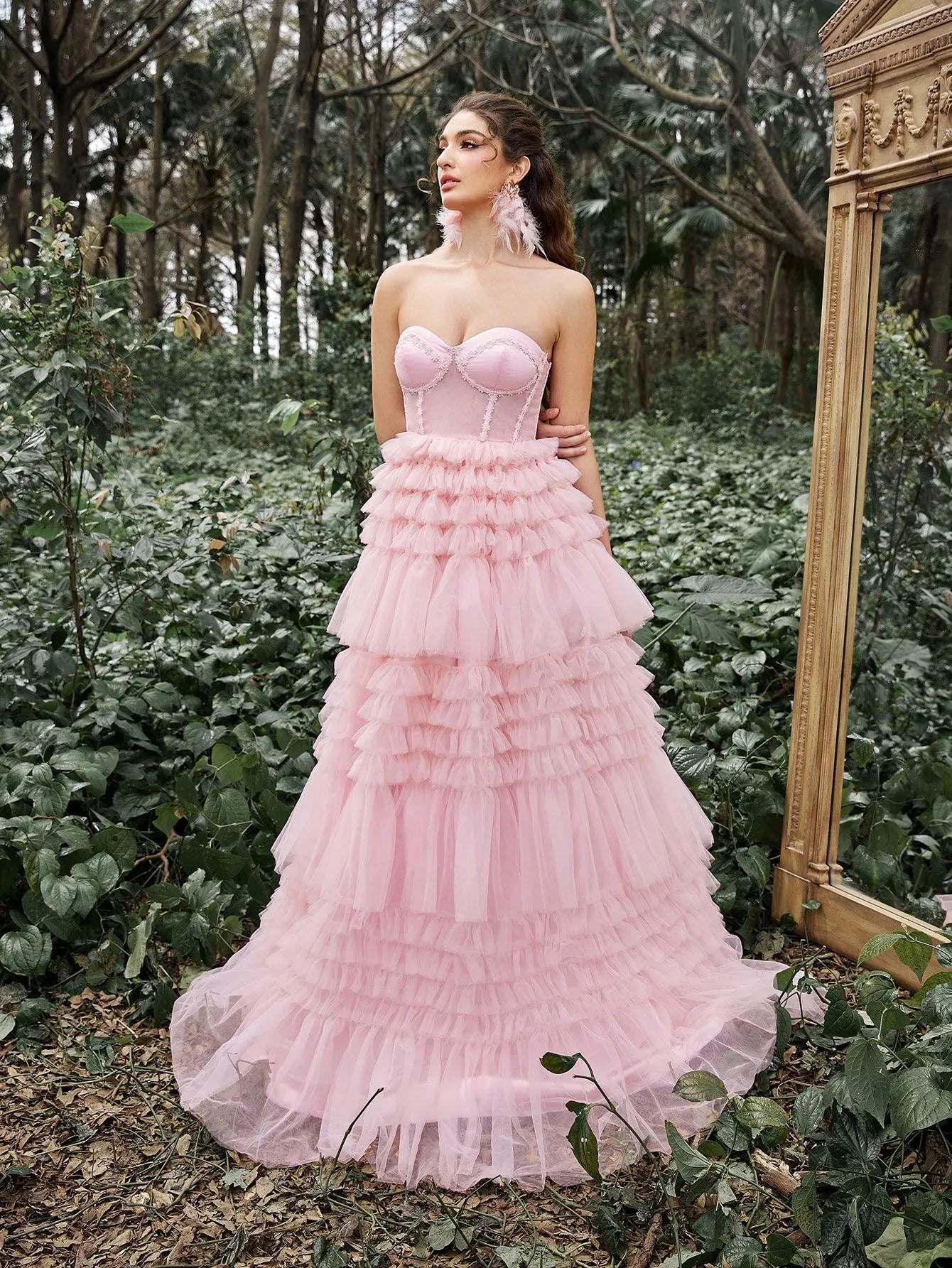 Gorgeous Strapless Cascading Ruffles Hem Tulle Prom Dress Pink / XL Gorgeous Strapless Cascading Ruffles Hem Tulle Prom Dress Pink / XL
