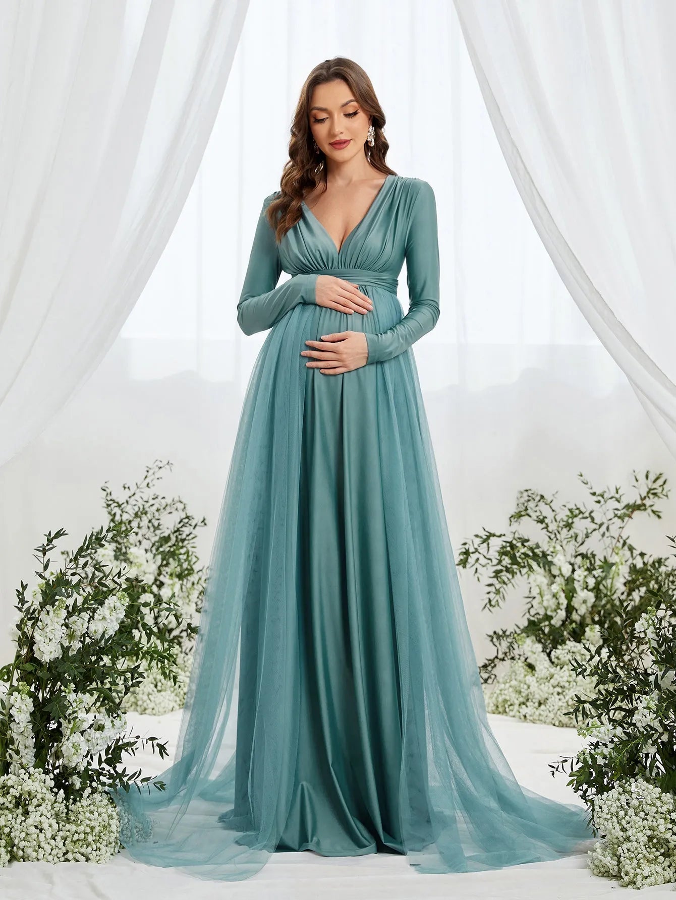 Maternity Plunging Neck Long Sleeve Contrast Mesh Formal Dress Green / L Maternity Plunging Neck Long Sleeve Contrast Mesh Formal Dress Green / L