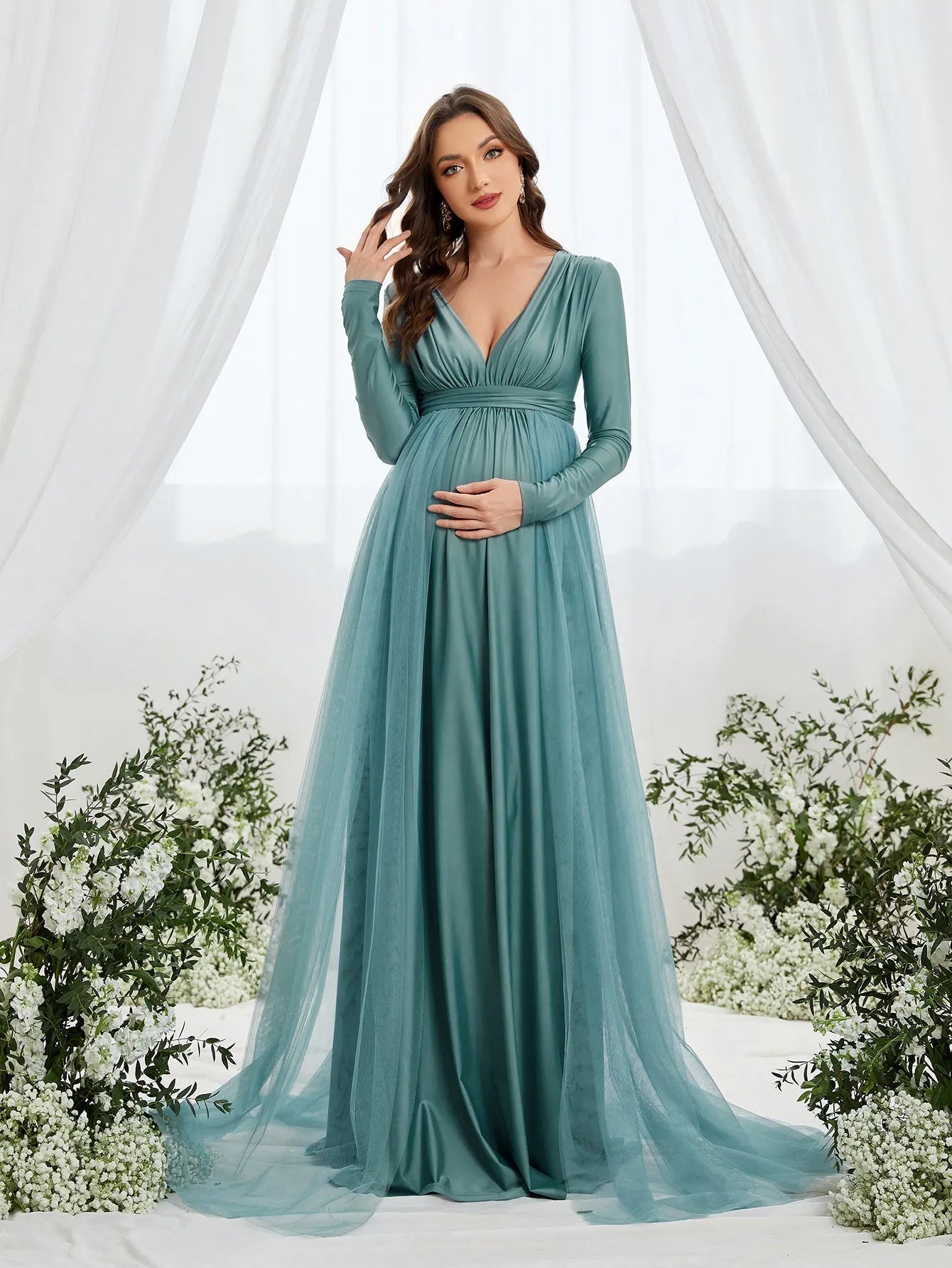 Maternity Plunging Neck Long Sleeve Contrast Mesh Formal Dress Green / XL Maternity Plunging Neck Long Sleeve Contrast Mesh Formal Dress Green / XL