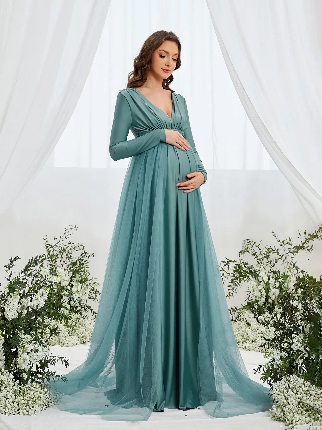 Maternity Plunging Neck Long Sleeve Contrast Mesh Formal Dress Green / L Maternity Plunging Neck Long Sleeve Contrast Mesh Formal Dress Green / L