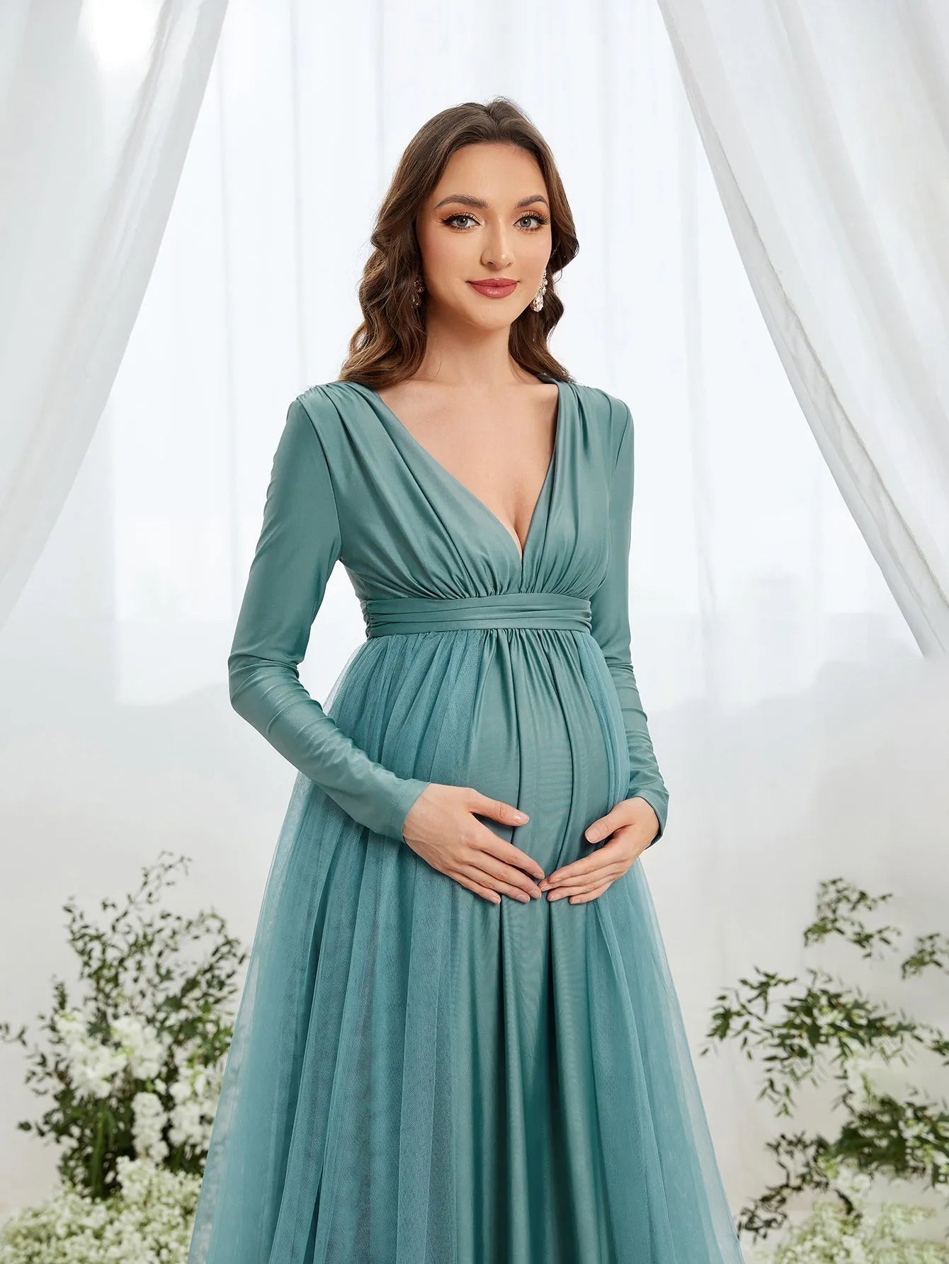 Maternity Plunging Neck Long Sleeve Contrast Mesh Formal Dress Green / L Maternity Plunging Neck Long Sleeve Contrast Mesh Formal Dress Green / L