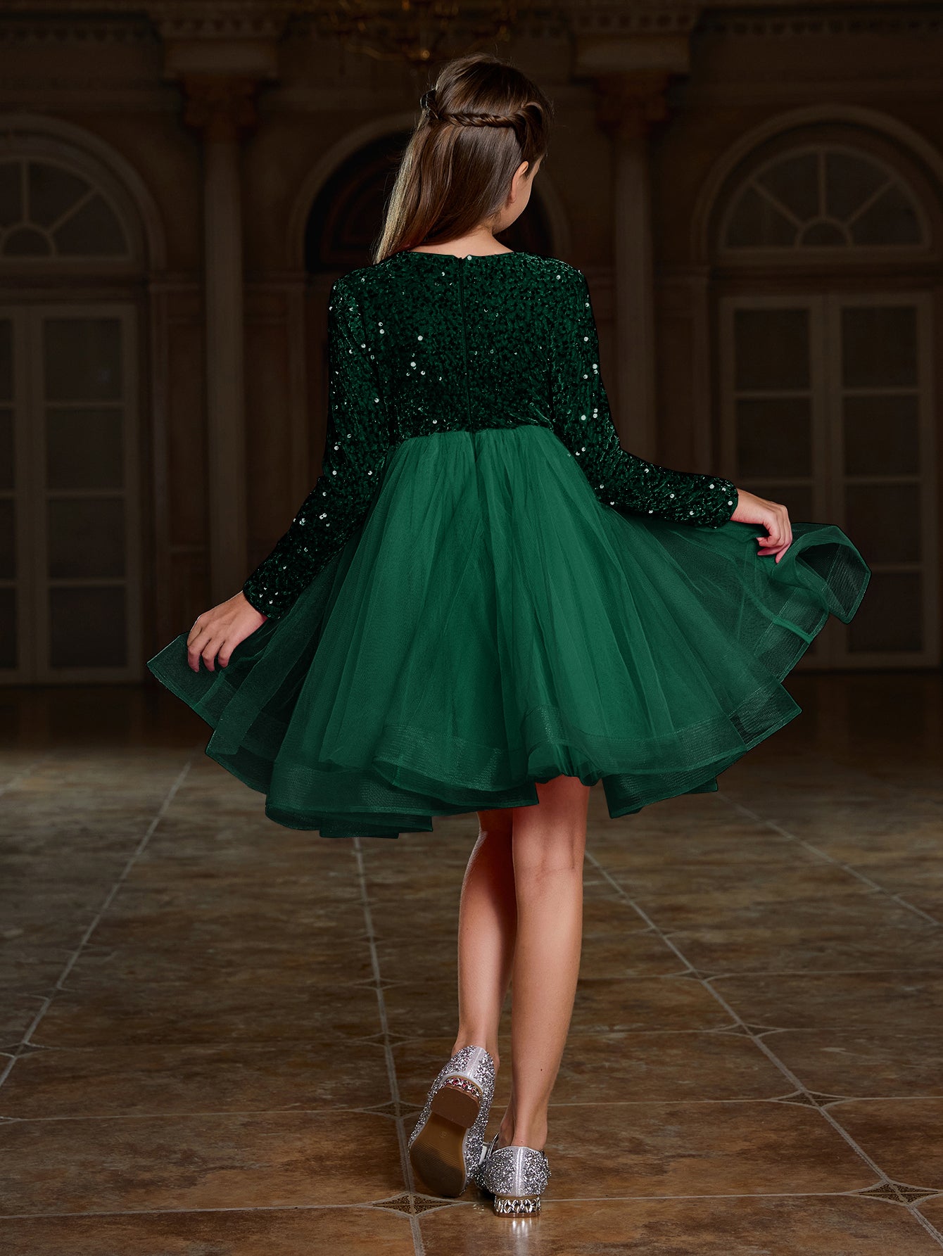 cute long sleeve party dresses Girl's Cute Bow Front Long Sleeve Party Dress Dark Green / 12Y
