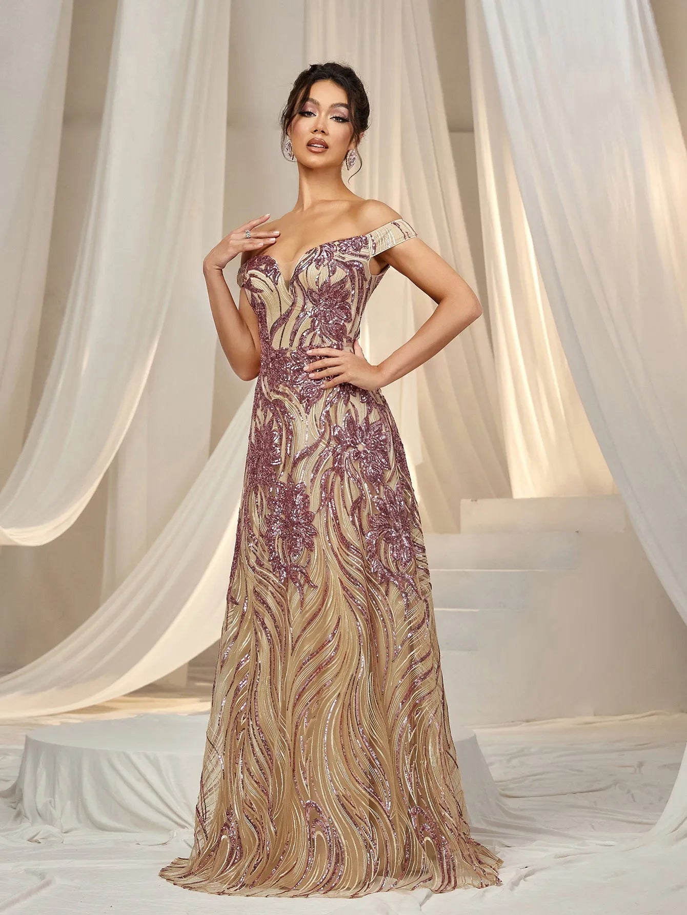 Elegant Off Shoulder Graphic Sequin Formal Prom Dress Champagne / XS Elegant Off Shoulder Graphic Sequin Formal Prom Dress Champagne / XS
