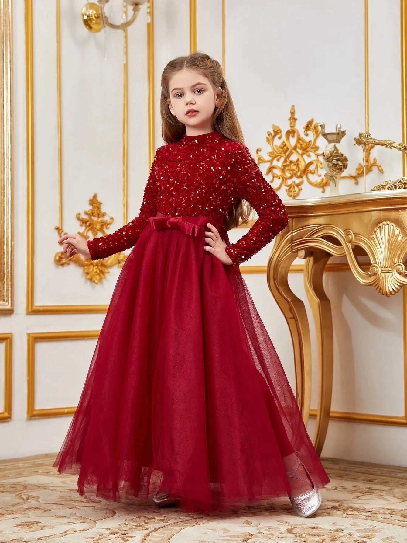 Tween Girls' Mock Neck Bow Detail Sequin Party Dress Red / 11Y Tween Girls' Mock Neck Bow Detail Sequin Party Dress Red / 11Y