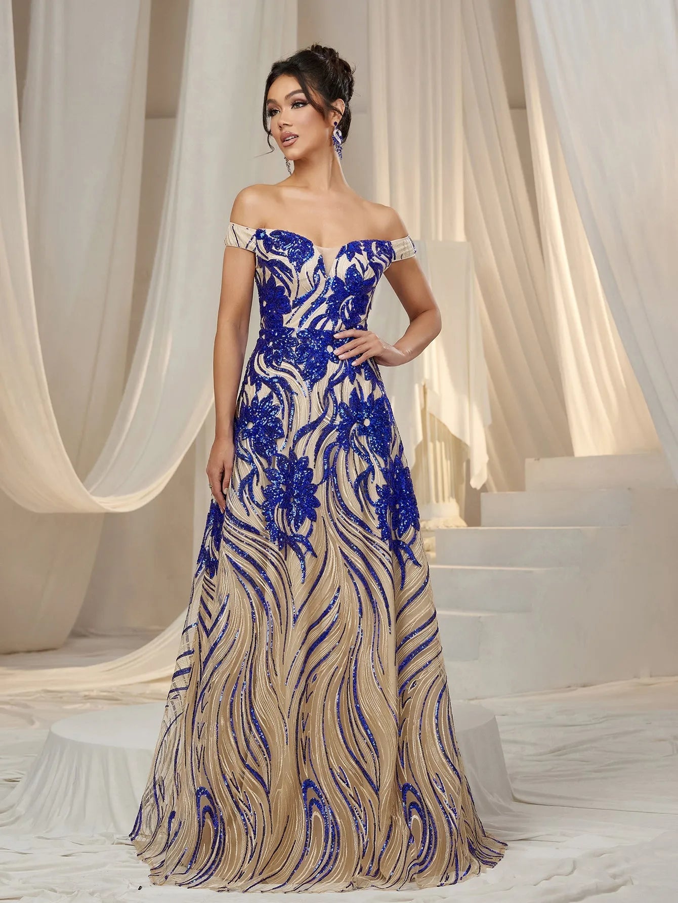 Elegant Off Shoulder Graphic Sequin Formal Prom Dress Champagne / Xs Elegant Off Shoulder Graphic Sequin Formal Prom Dress Champagne / Xs