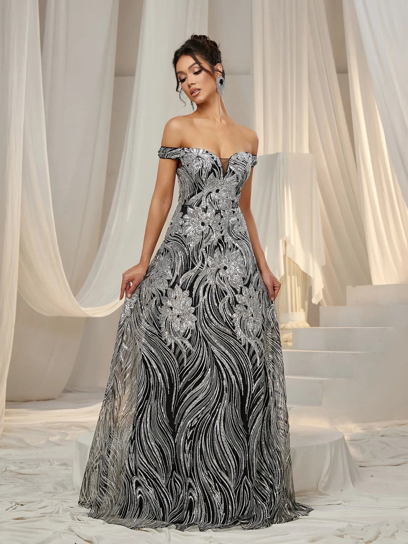 Elegant Off Shoulder Graphic Sequin Formal Prom Dress Faeriesty Elegant Off Shoulder Graphic Sequin Formal Prom Dress Faeriesty