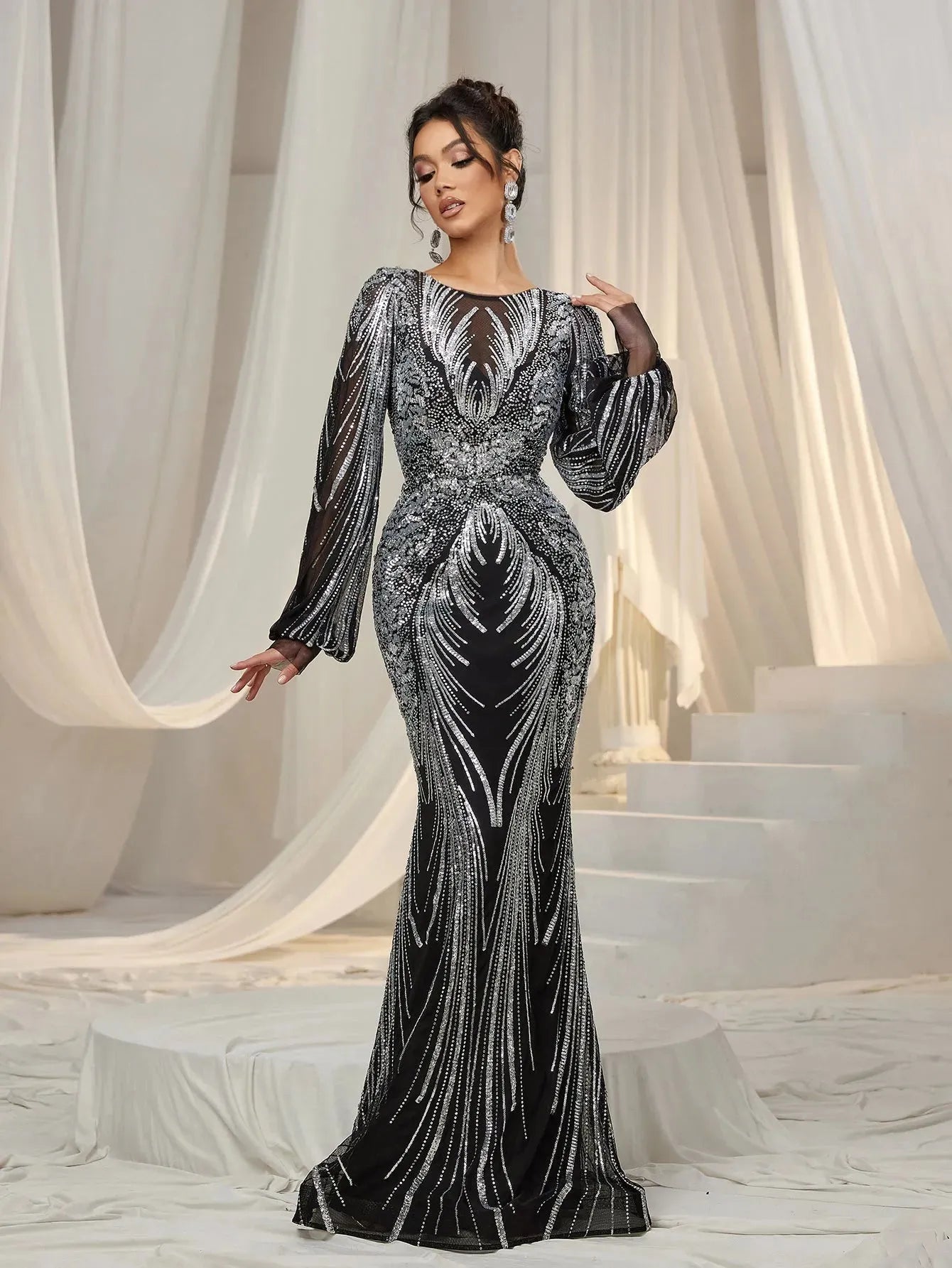 Gorgeous Lantern Sleeves Mermaid Hem Graphic Sequin Evening Dress Champagne / Xs Gorgeous Lantern Sleeves Mermaid Hem Graphic Sequin Evening Dress Champagne / Xs