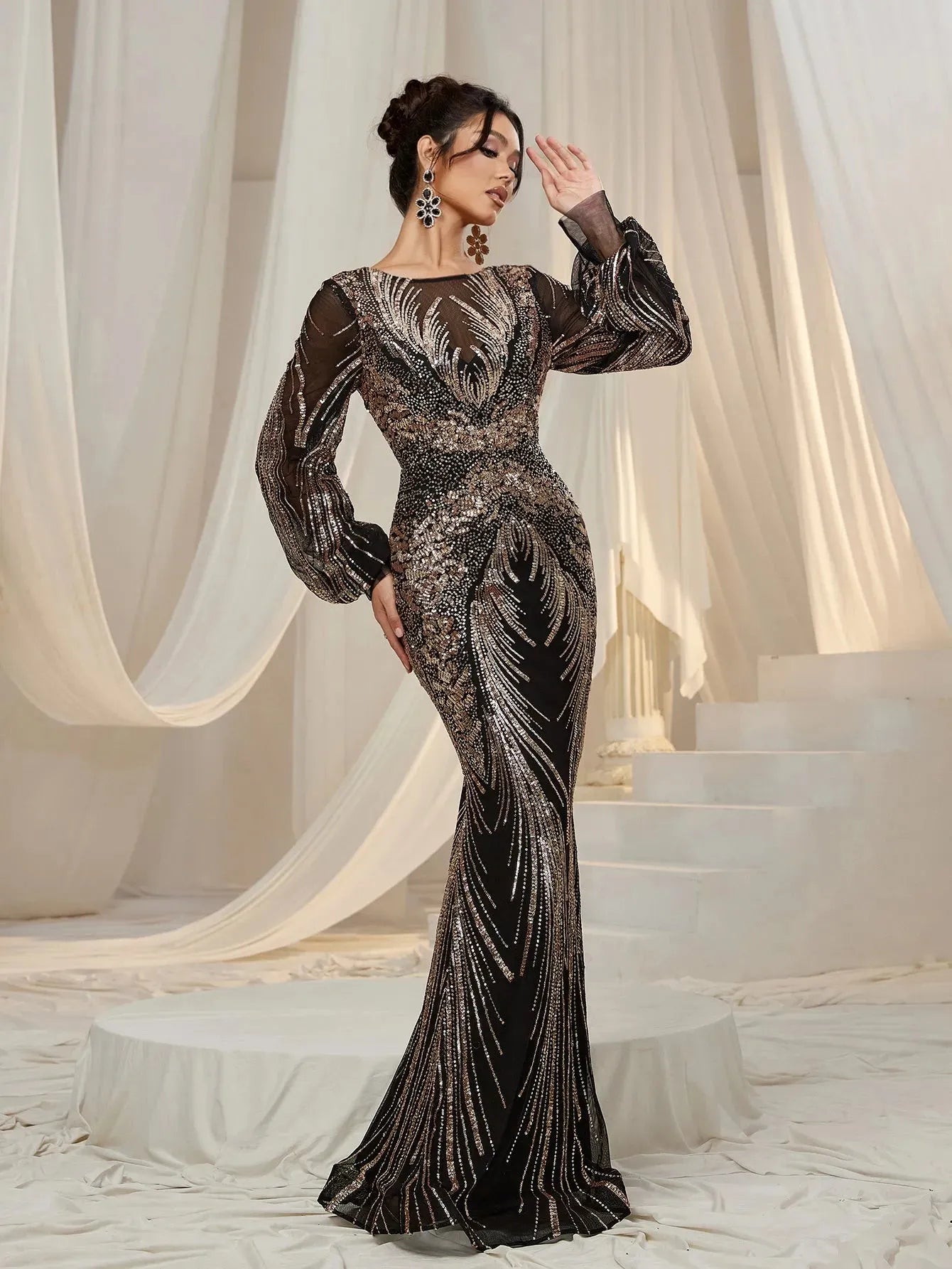 Gorgeous Lantern Sleeves Mermaid Hem Graphic Sequin Evening Dress Champagne / Xs Gorgeous Lantern Sleeves Mermaid Hem Graphic Sequin Evening Dress Champagne / Xs