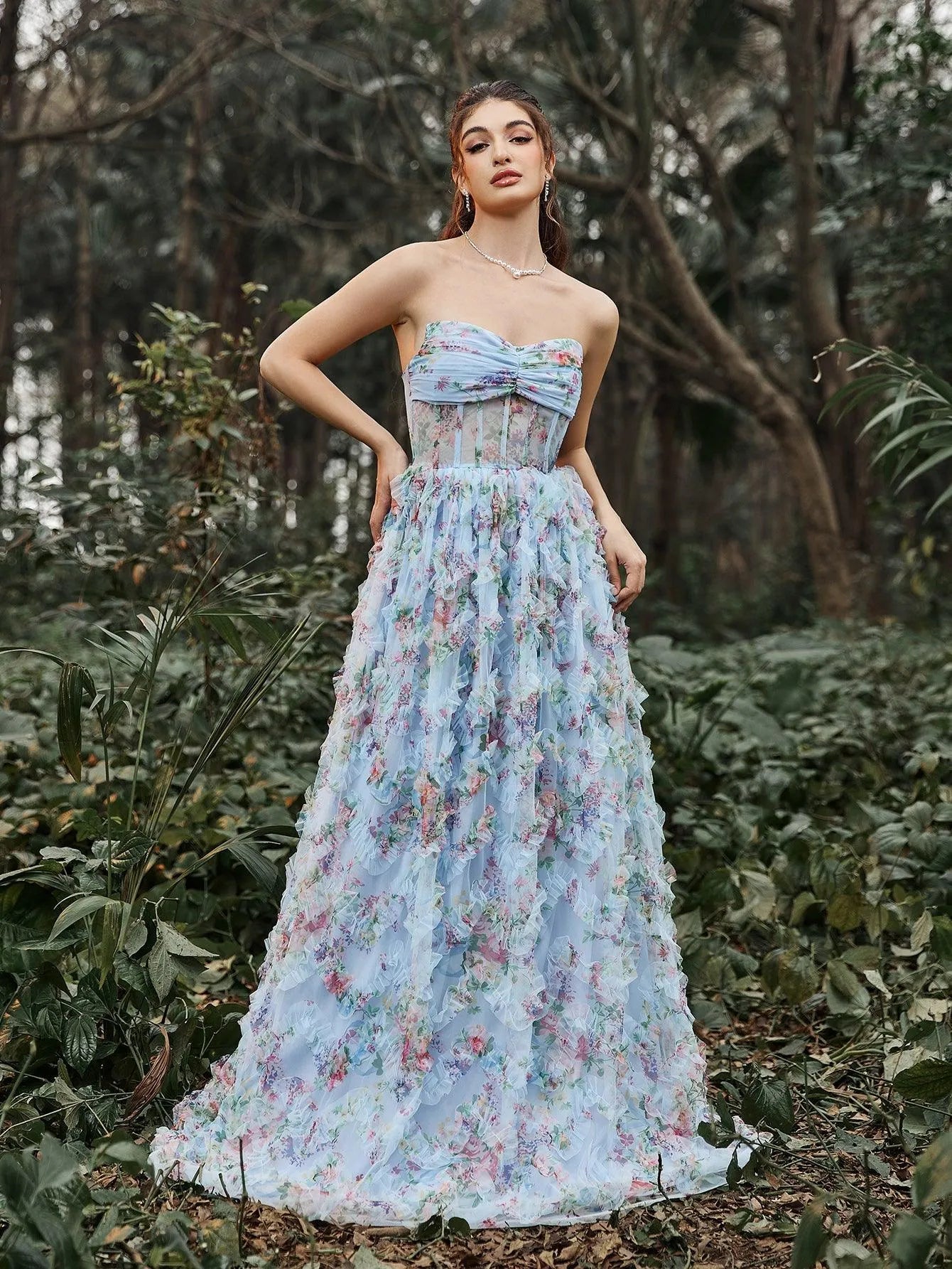 ruched tube dress Bustier Ruffle Trim Hem Floral Printed Light Blue / L 35% If you love glitz 100% viscose Care instructions Pay With:160 Qs (Silkroll Fee: $4.00)