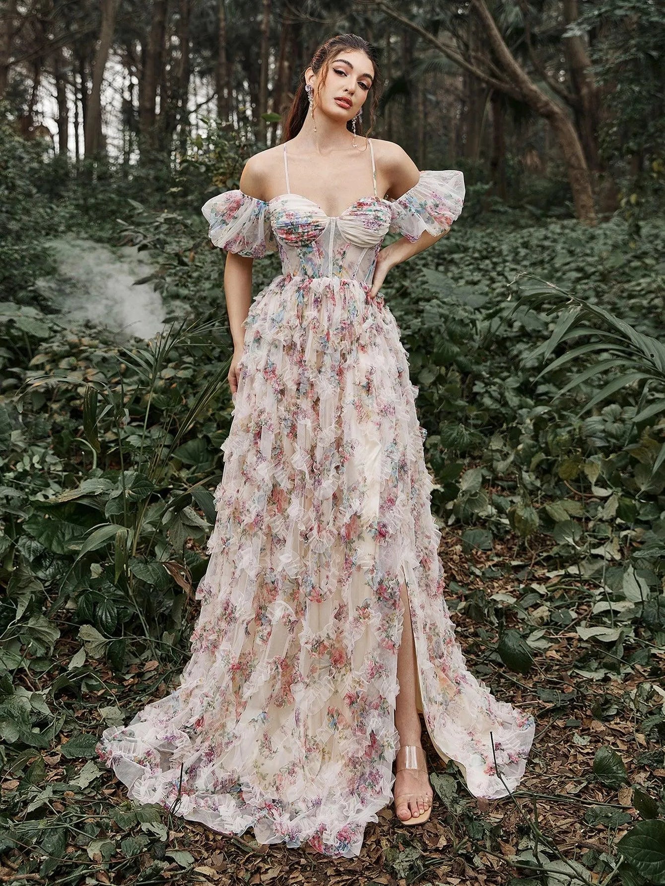 Floral Tulle Off Shoulder Cascading Ruffle Hem Slip Prom Dress, Apricot / L