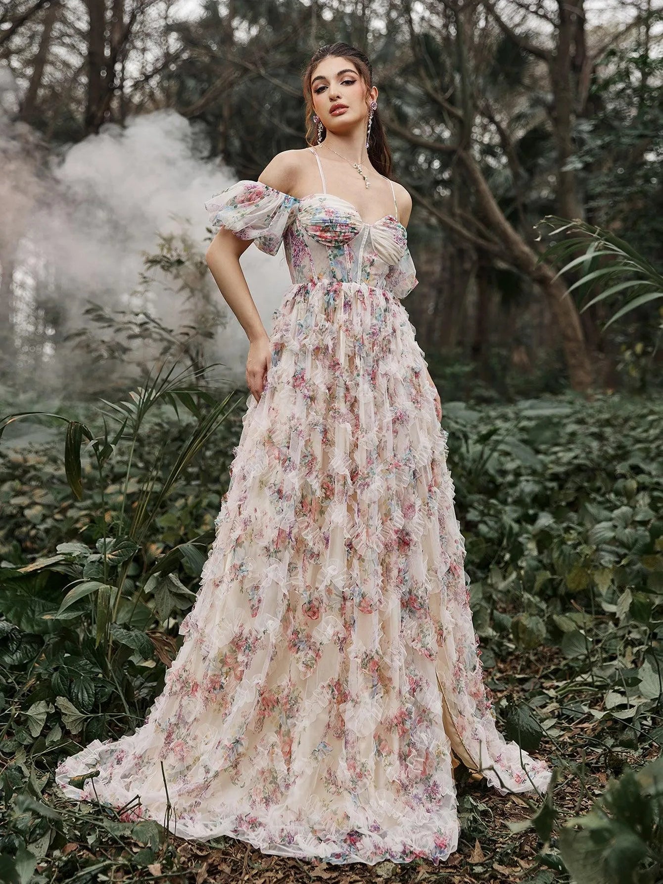Floral Tulle Off Shoulder Cascading Ruffle Hem Slip Prom Dress Faeriesty Floral Tulle Off Shoulder Cascading Ruffle Hem Slip Prom Dress Faeriesty