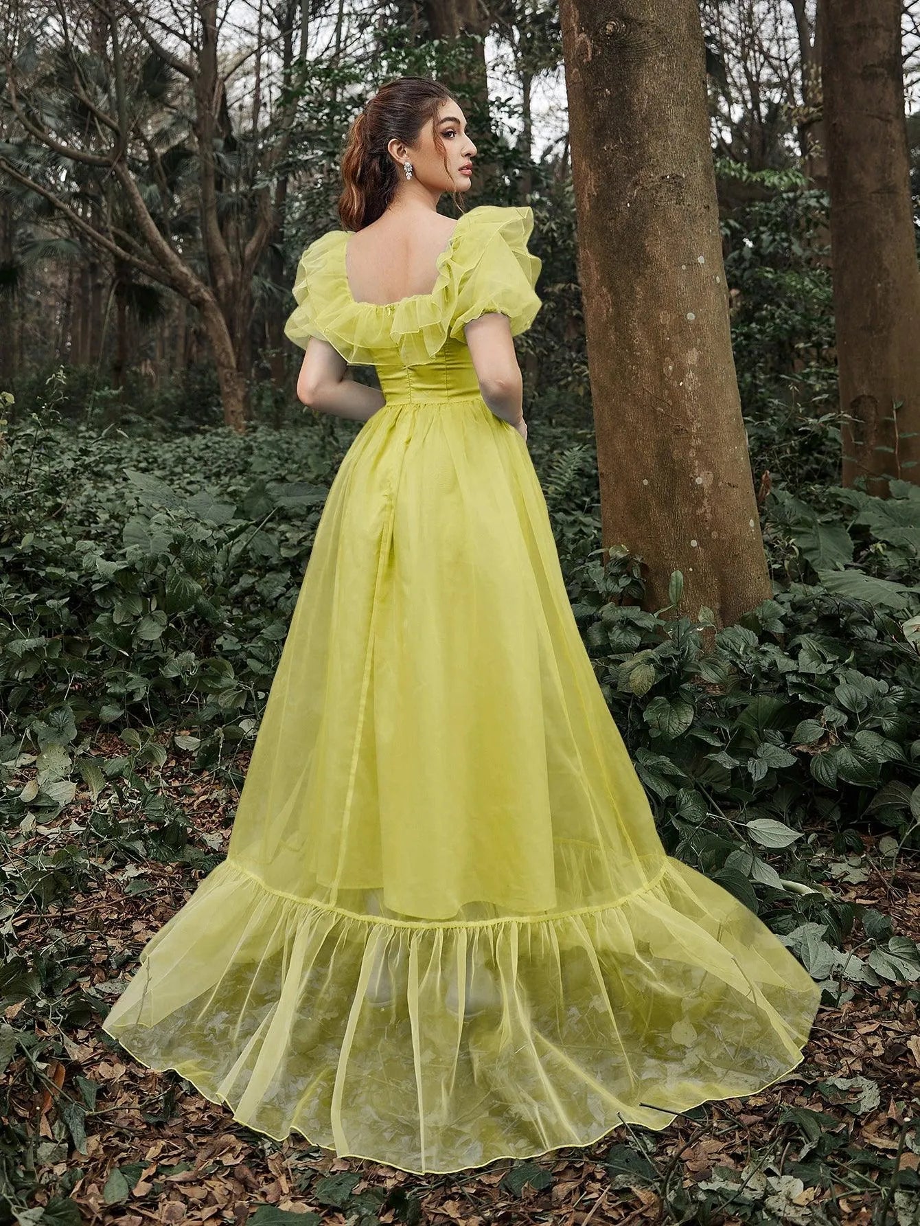 organza dresses Elegant Ruffle Trim Puff Sleeves Organza Dress Yellow / XS