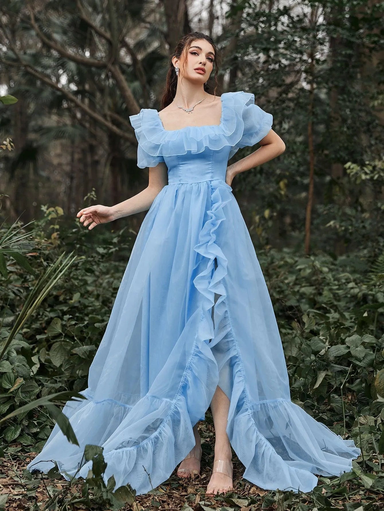Elegant Ruffle Trim Puff Sleeves Organza Dress Elegant Ruffle Trim Puff Sleeves Organza Dress