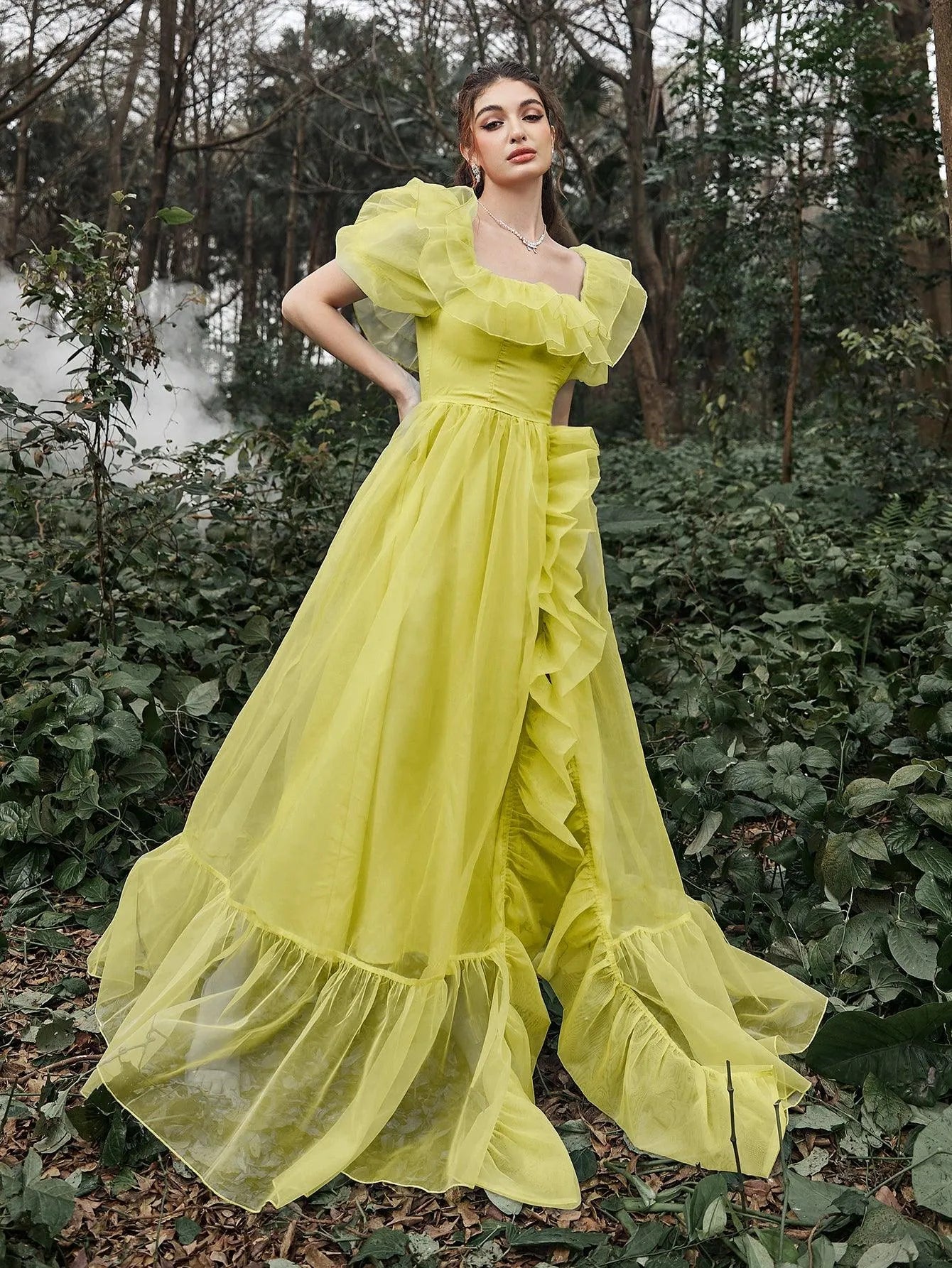 Elegant Ruffle Trim Puff Sleeves Organza Dress, Yellow / L