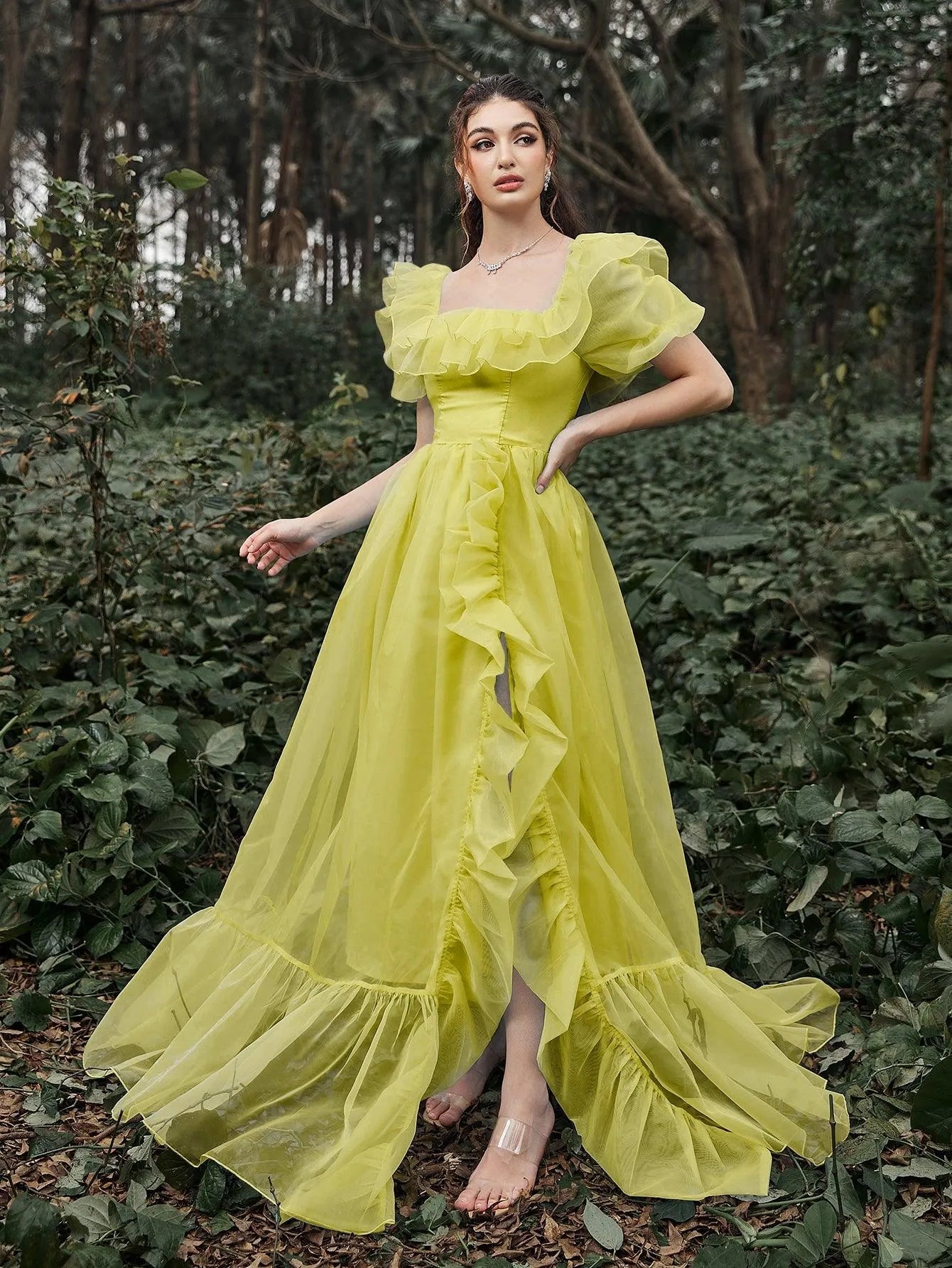Elegant Ruffle Trim Puff Sleeves Organza Dress Yellow / XS Elegant Ruffle Trim Puff Sleeves Organza Dress Yellow / XS