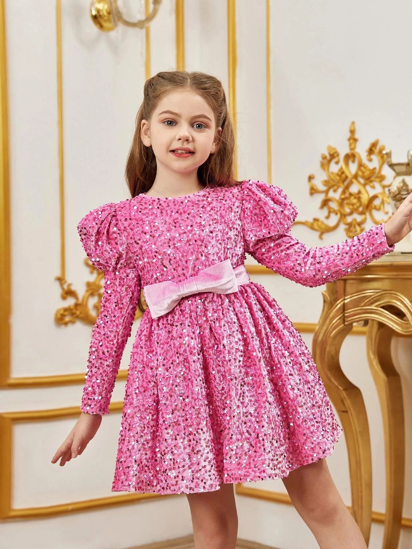 tween midi dress Tween Girls' Bow Decoration Gigot Sleeves Sequin Midi Dress Party Dre Pink / 11Y
