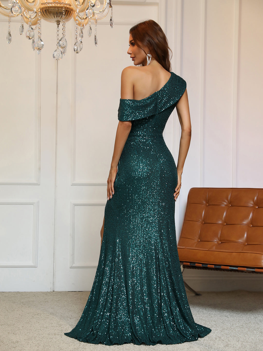 Elegant One Shoulder Sleeveless Sequins Dress
