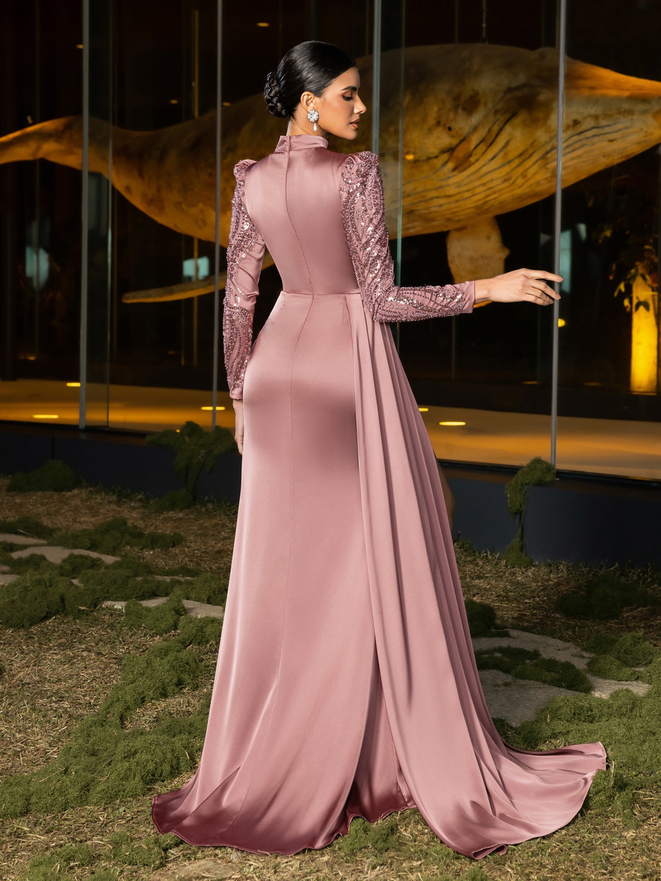 Elegant High-Neck Long-Sleeve Beaded Mermaid Gown with High Slit & Floor-Length Train