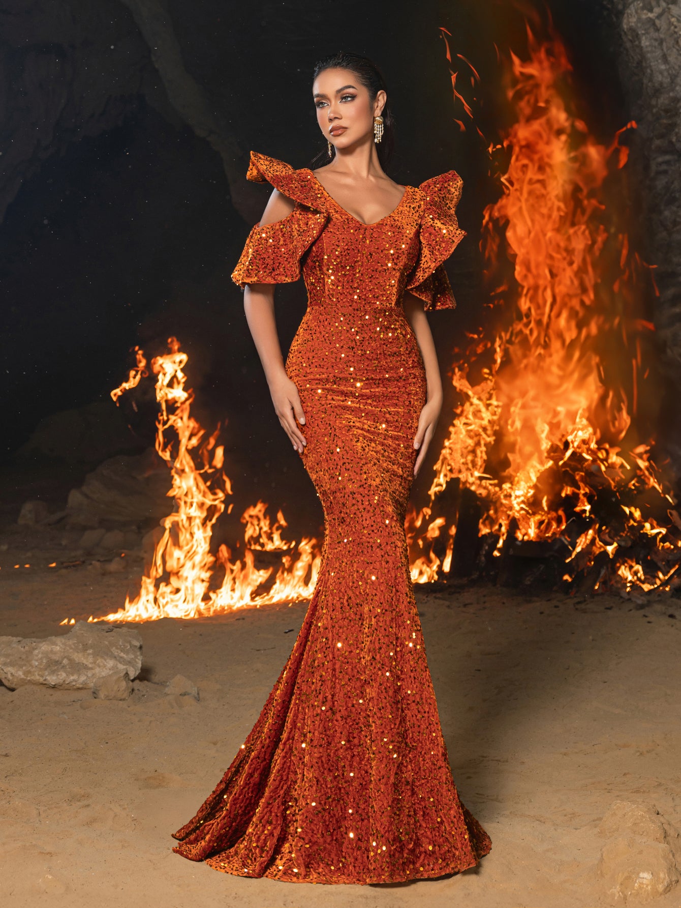 Gorgeous Maxi Sequin Flutter Sleeves Mermaid Evening Dress