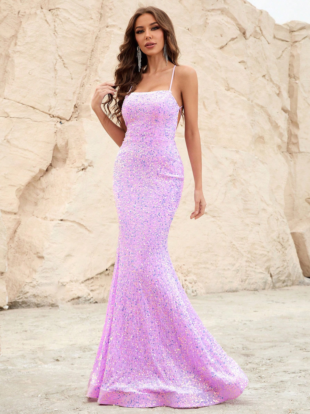 Spaghetti Strap Lace Up Back Sequin Mermaid Dress