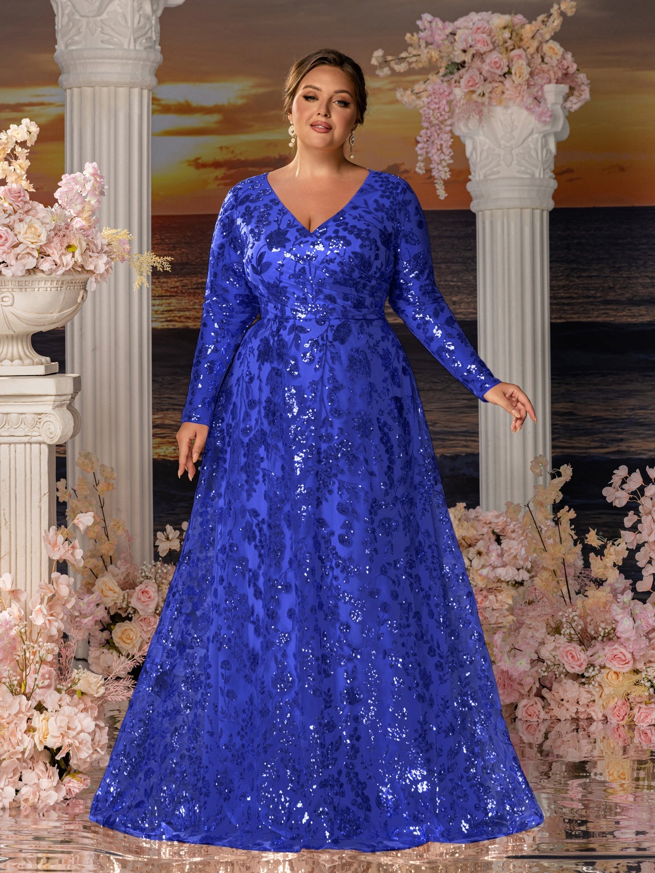 Plus Womens' Elegant V-Neck Evening Gown with Delicate Lace & Silver Embroidery – Long Flowing Skirt for Seaside Weddings & Romantic Beach Events