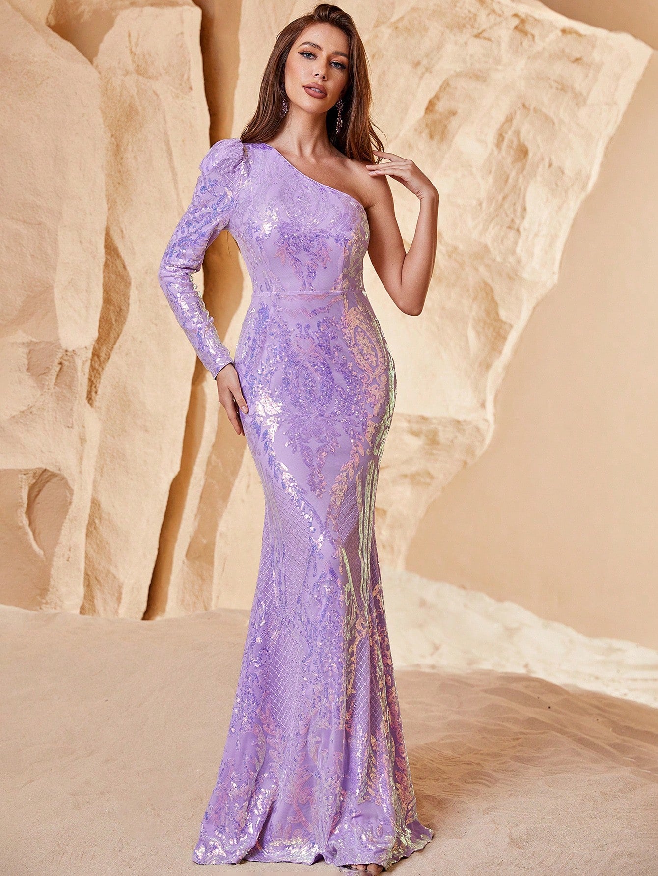 Elegant One Shoulder Long Sleeve Sequin Mermaid Dress