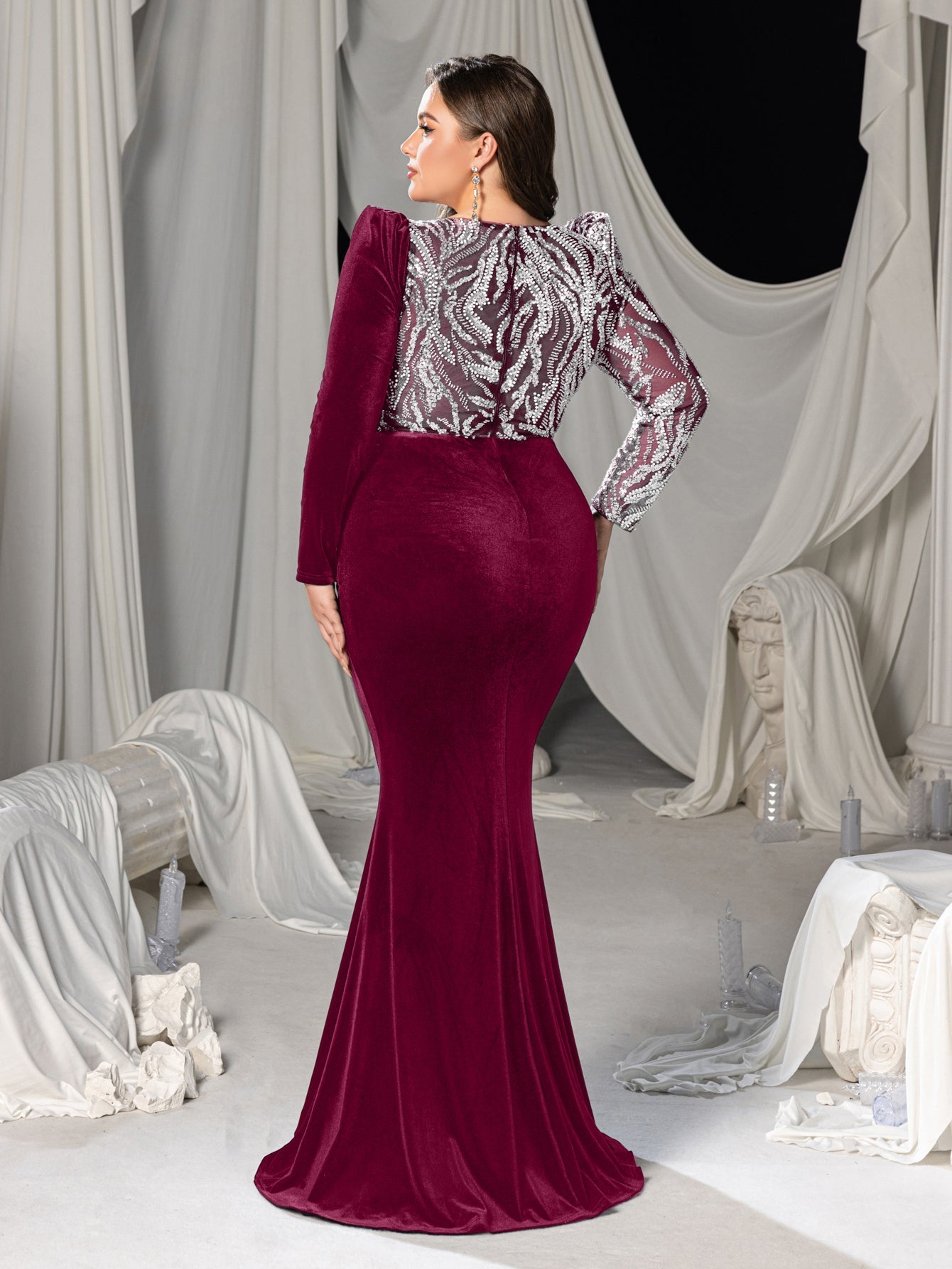 Plus Velvet Mermaid Gown with Sweetheart Neckline, Long Sleeves and Sequins Embroidery