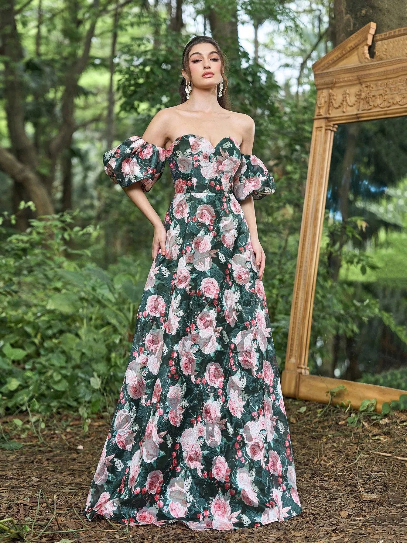 puff sleeve prom dress Floral Jacquard Off Shoulder Puff Sleeves Prom Dress Dark Green / XL